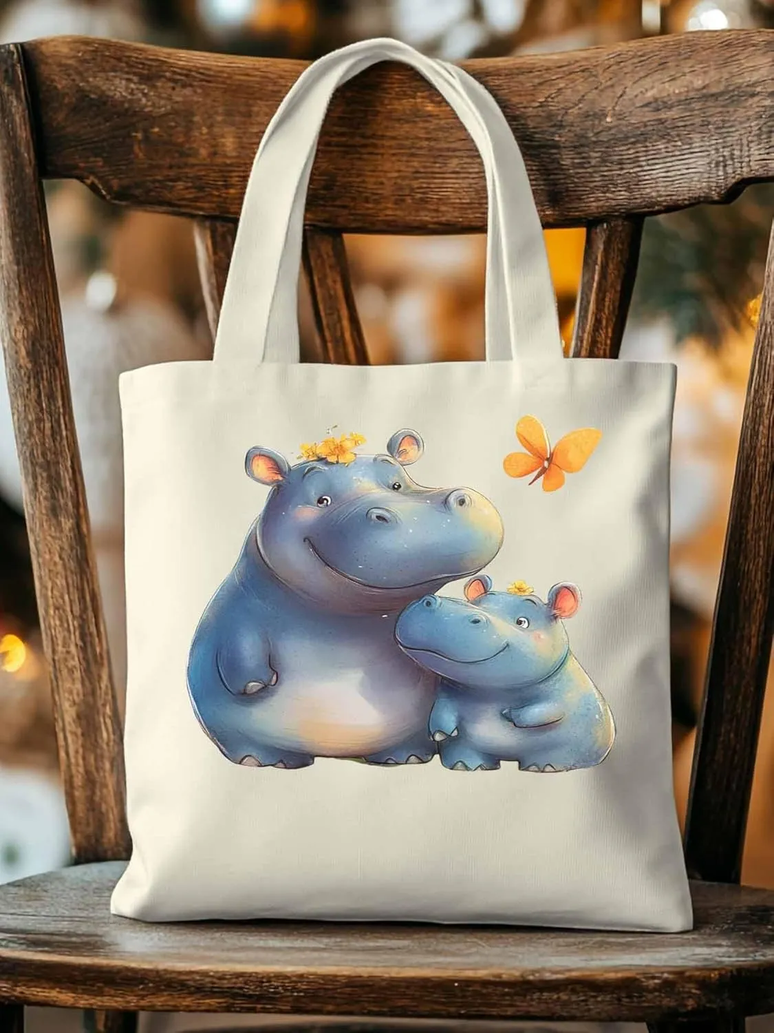 Canvas Tote Bag, Watercolor Cute Hippopotamus Aesthetic Canvas Tote Handbags for Women Shoulder Bag