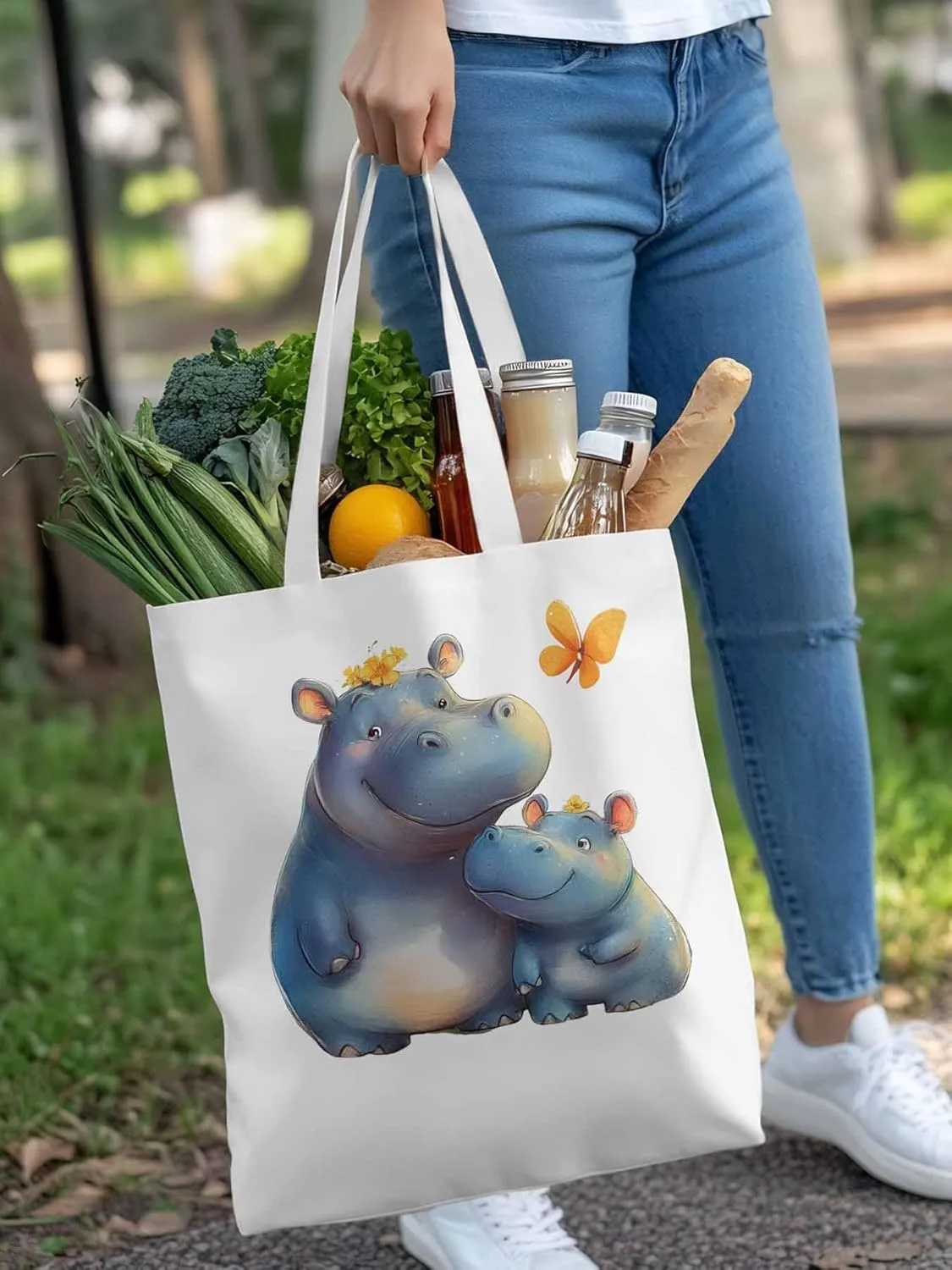 Canvas Tote Bag, Watercolor Cute Hippopotamus Aesthetic Canvas Tote Handbags for Women Shoulder Bag
