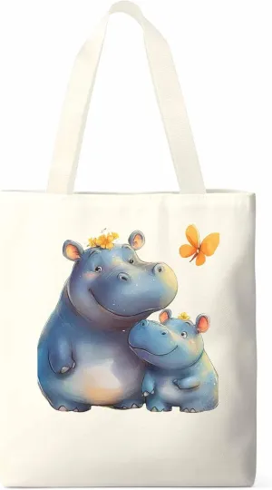 Canvas Tote Bag, Watercolor Cute Hippopotamus Aesthetic Canvas Tote Handbags for Women Shoulder Bag