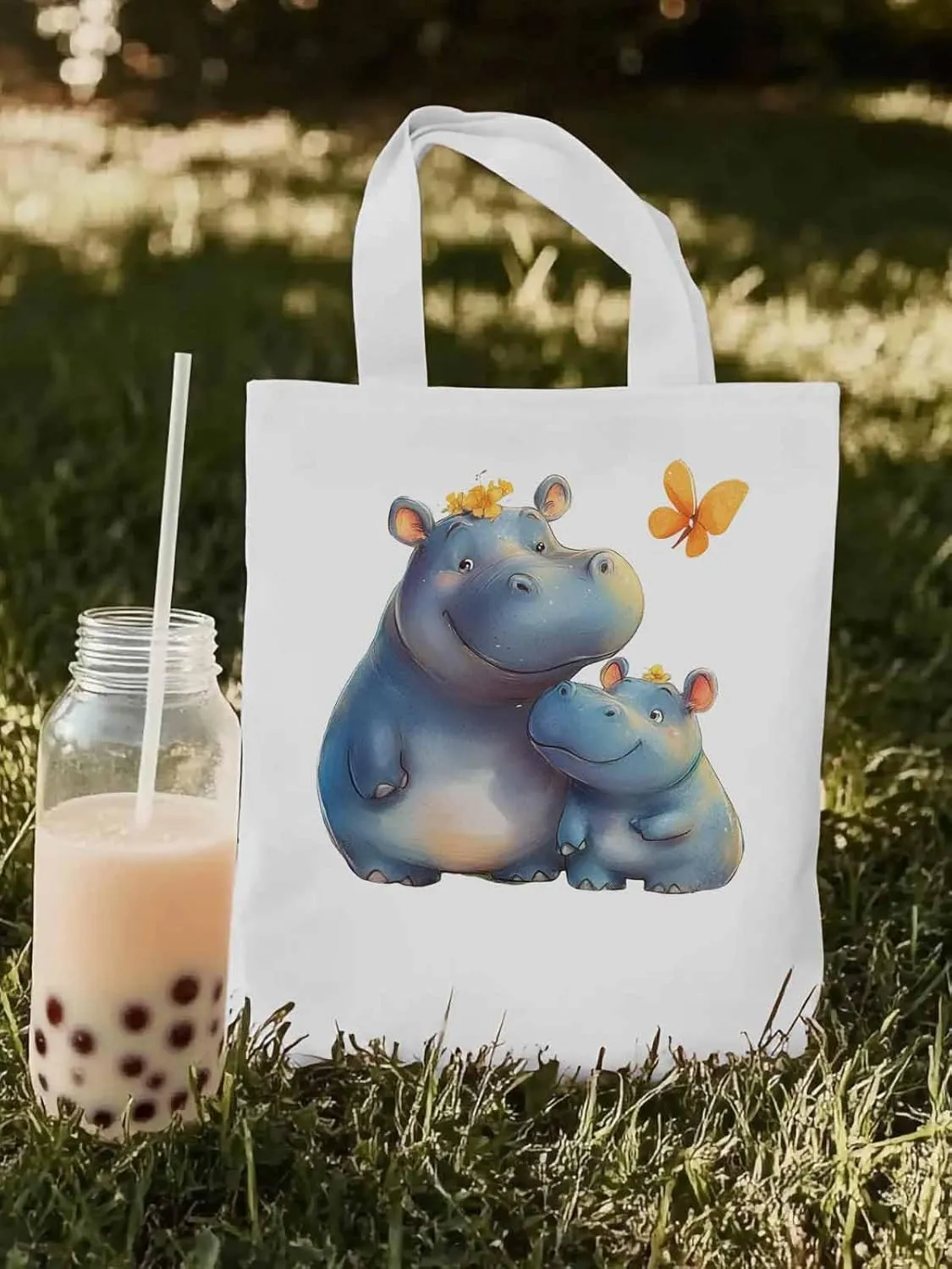 Canvas Tote Bag, Watercolor Cute Hippopotamus Aesthetic Canvas Tote Handbags for Women Shoulder Bag