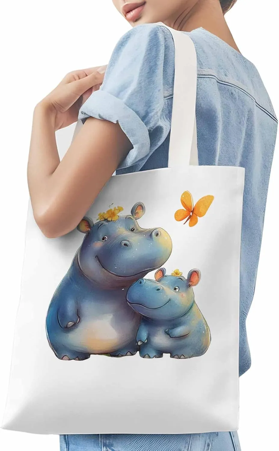 Canvas Tote Bag, Watercolor Cute Hippopotamus Aesthetic Canvas Tote Handbags for Women Shoulder Bag