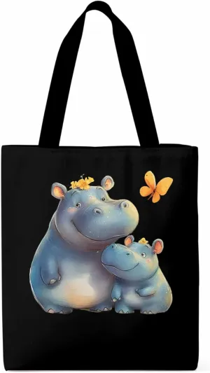 Canvas Tote Bag, Watercolor Cute Hippopotamus Aesthetic Canvas Tote Handbags for Women Shoulder Bag