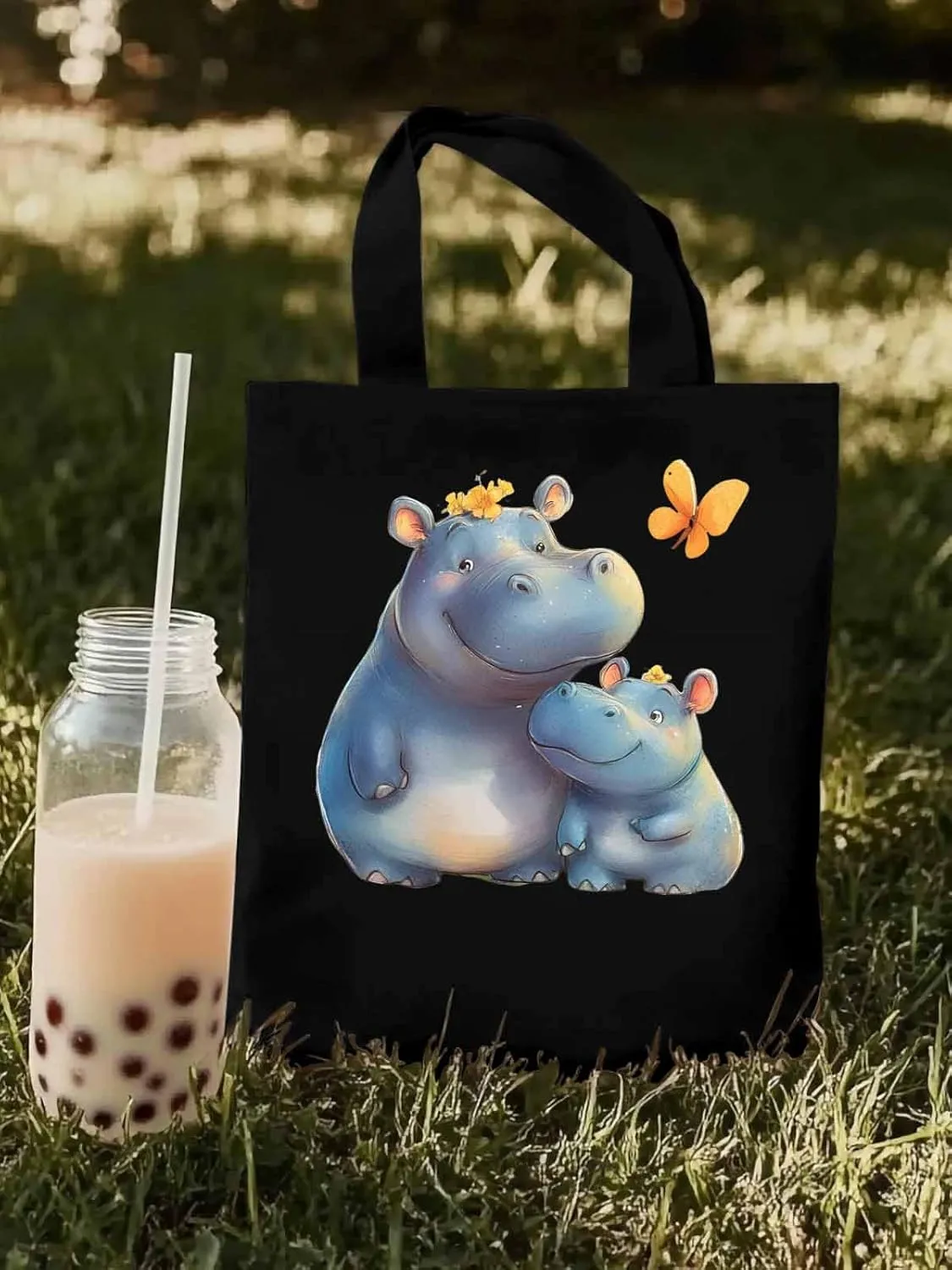 Canvas Tote Bag, Watercolor Cute Hippopotamus Aesthetic Canvas Tote Handbags for Women Shoulder Bag