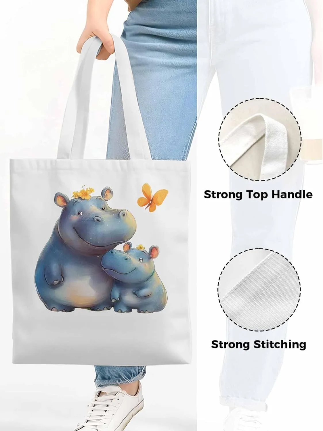 Canvas Tote Bag, Watercolor Cute Hippopotamus Aesthetic Canvas Tote Handbags for Women Shoulder Bag