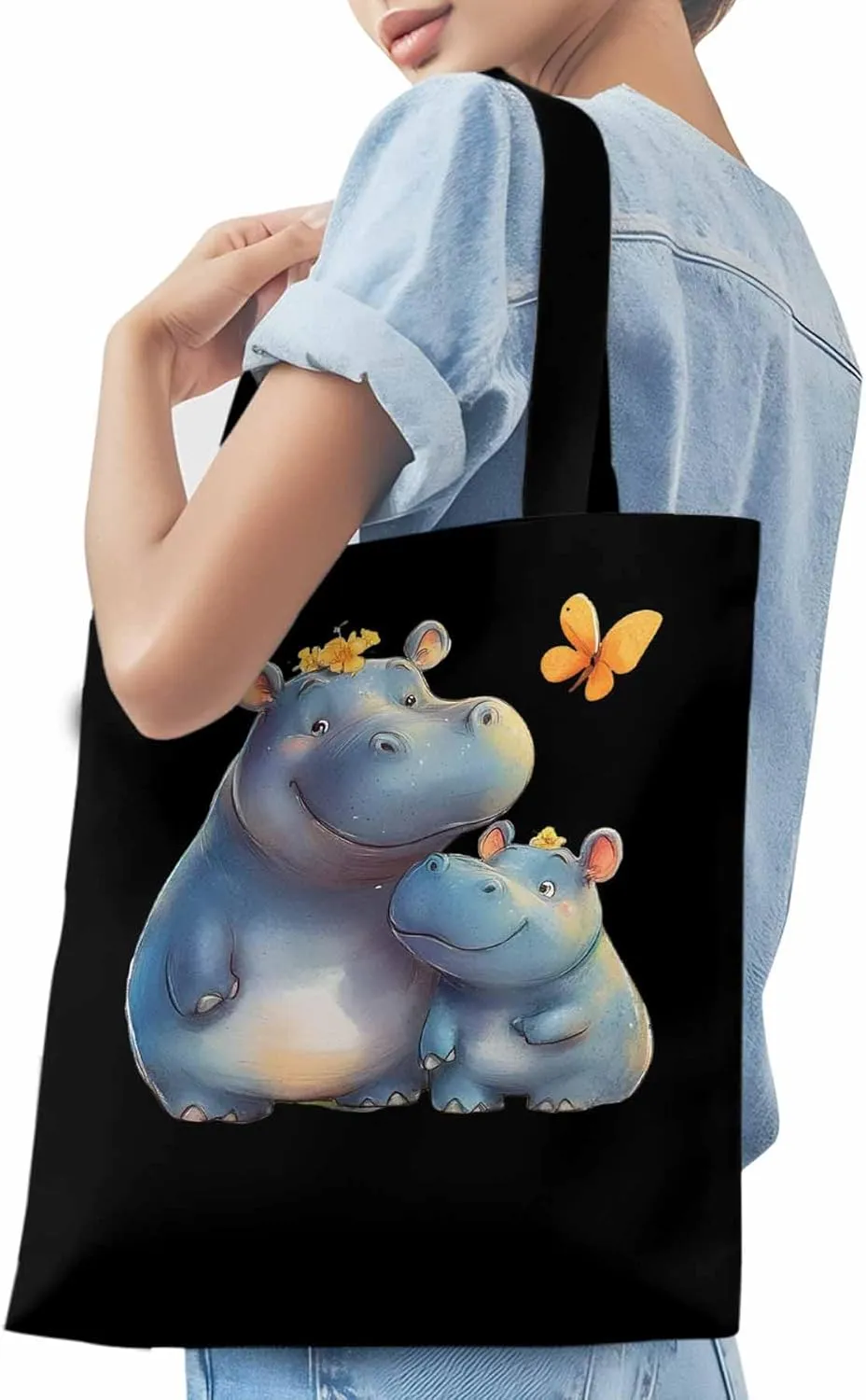 Canvas Tote Bag, Watercolor Cute Hippopotamus Aesthetic Canvas Tote Handbags for Women Shoulder Bag