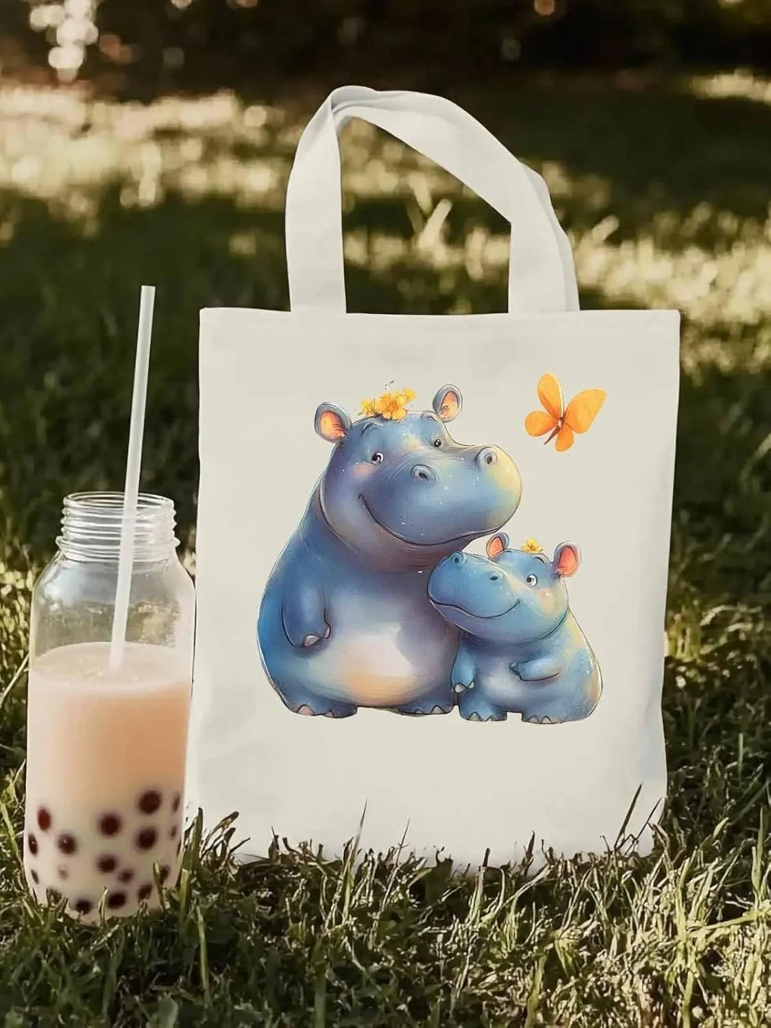 Canvas Tote Bag, Watercolor Cute Hippopotamus Aesthetic Canvas Tote Handbags for Women Shoulder Bag