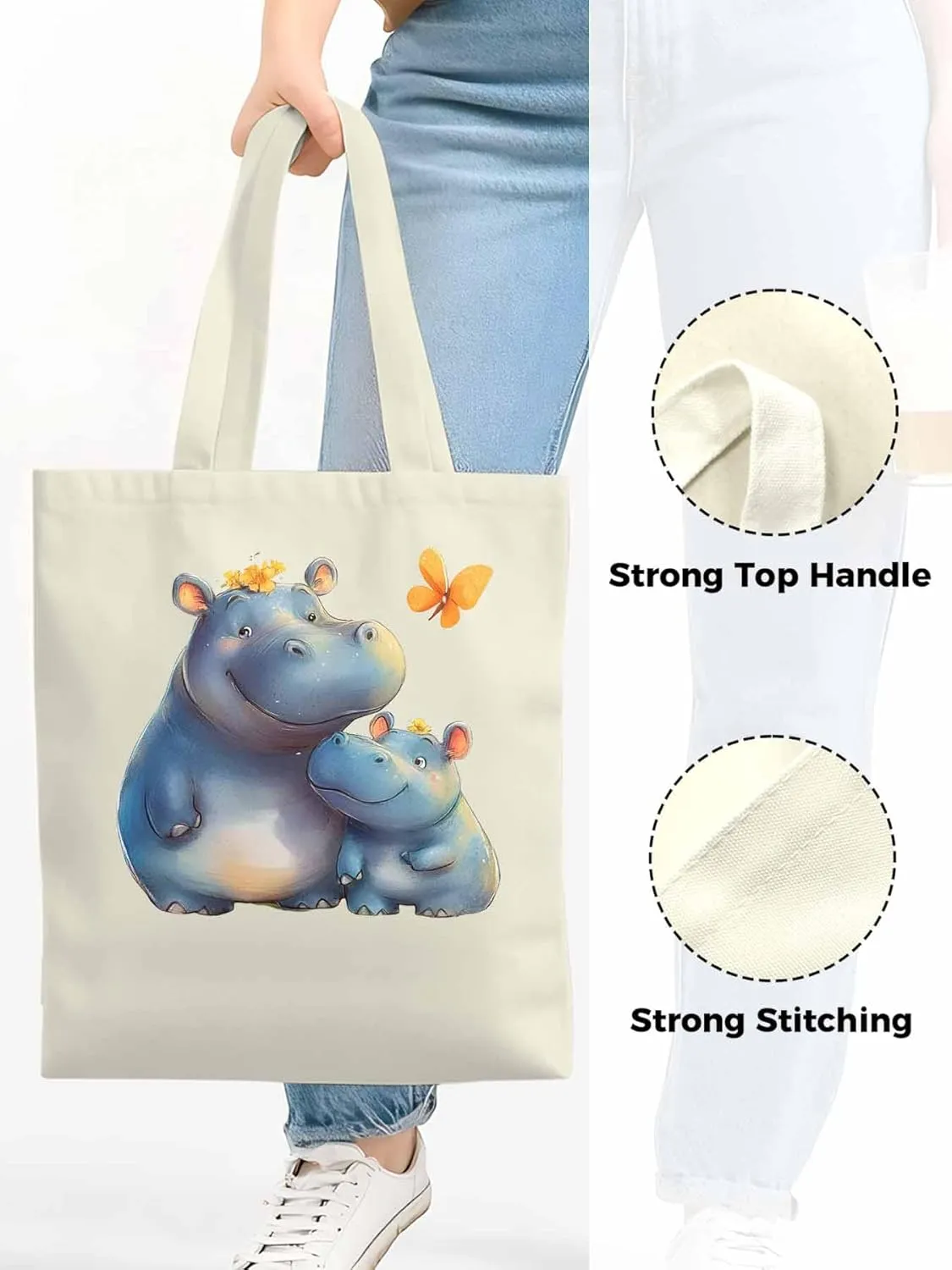 Canvas Tote Bag, Watercolor Cute Hippopotamus Aesthetic Canvas Tote Handbags for Women Shoulder Bag