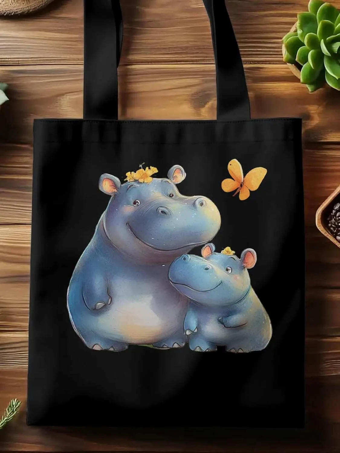 Canvas Tote Bag, Watercolor Cute Hippopotamus Aesthetic Canvas Tote Handbags for Women Shoulder Bag