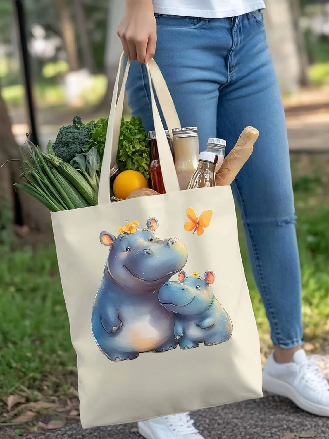 Canvas Tote Bag, Watercolor Cute Hippopotamus Aesthetic Canvas Tote Handbags for Women Shoulder Bag