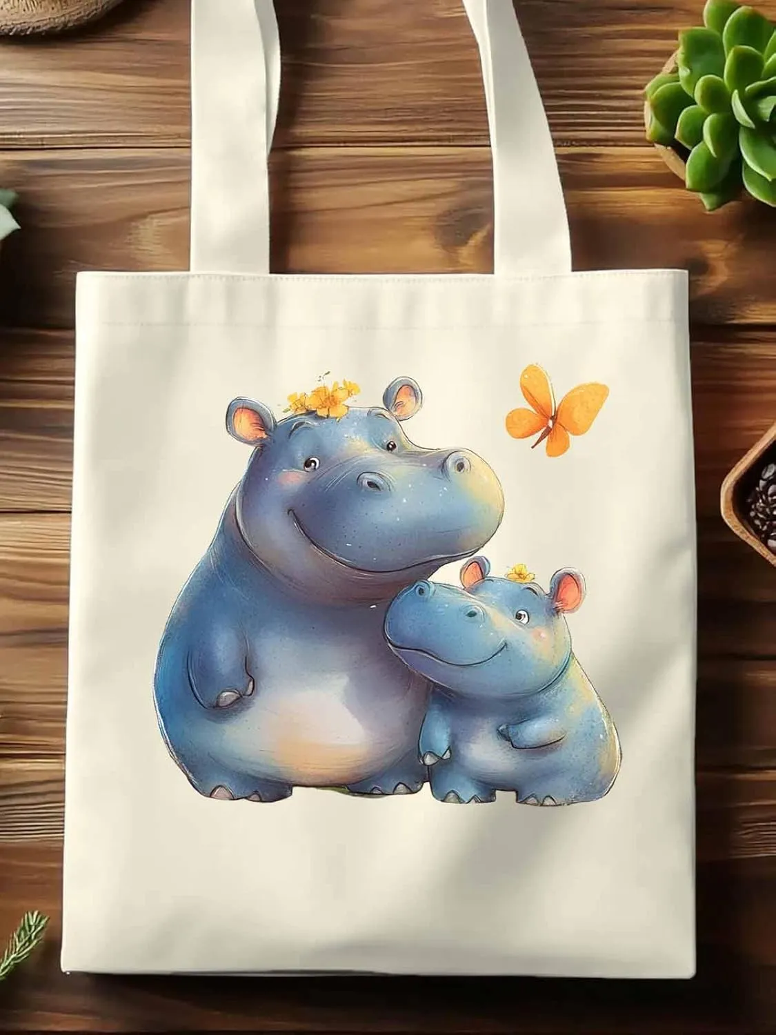 Canvas Tote Bag, Watercolor Cute Hippopotamus Aesthetic Canvas Tote Handbags for Women Shoulder Bag