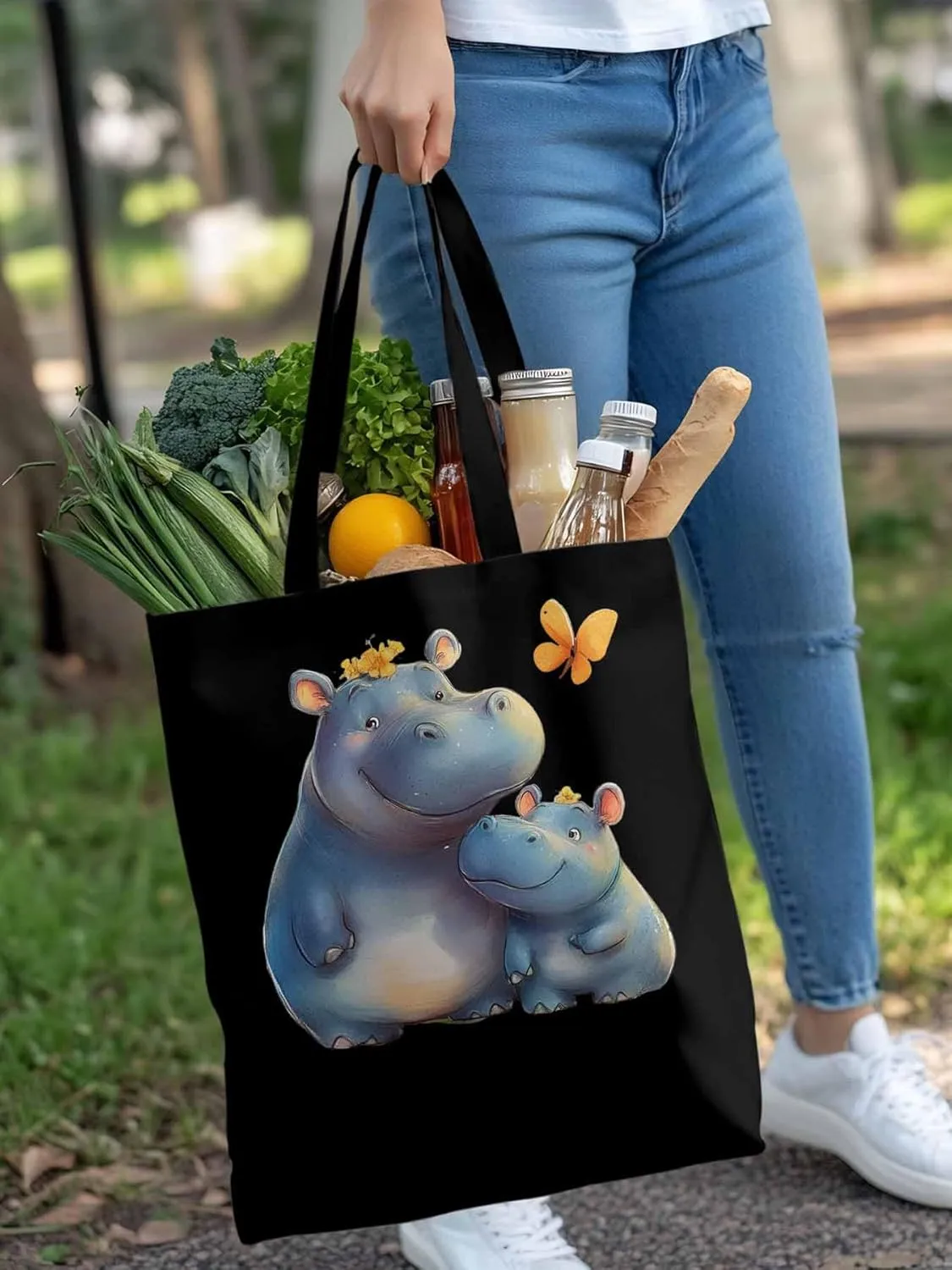 Canvas Tote Bag, Watercolor Cute Hippopotamus Aesthetic Canvas Tote Handbags for Women Shoulder Bag