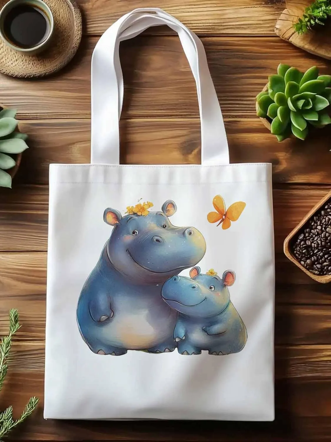 Canvas Tote Bag, Watercolor Cute Hippopotamus Aesthetic Canvas Tote Handbags for Women Shoulder Bag