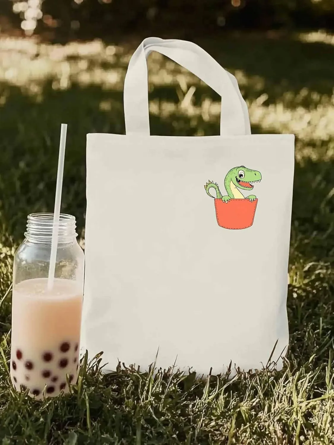 Canvas Tote Bag, Watercolor Dinosaur Pocket Aesthetic Canvas Tote Handbags for Women Shoulder Bag,