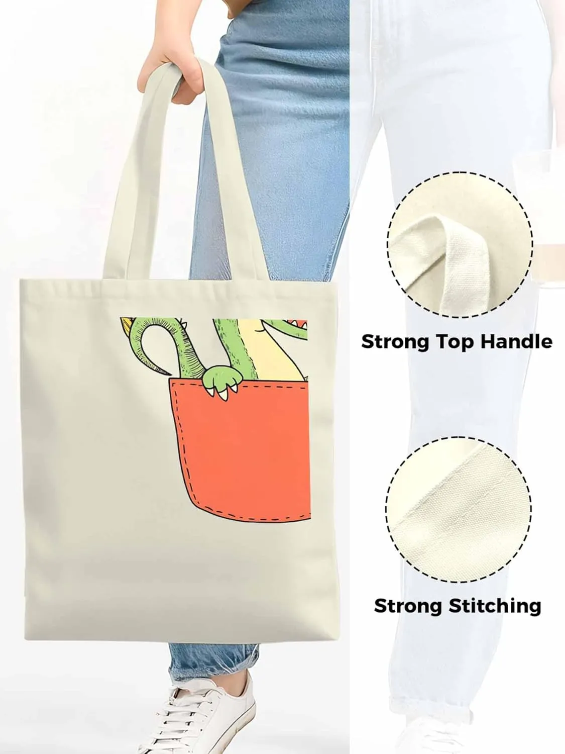 Canvas Tote Bag, Watercolor Dinosaur Pocket Aesthetic Canvas Tote Handbags for Women Shoulder Bag,