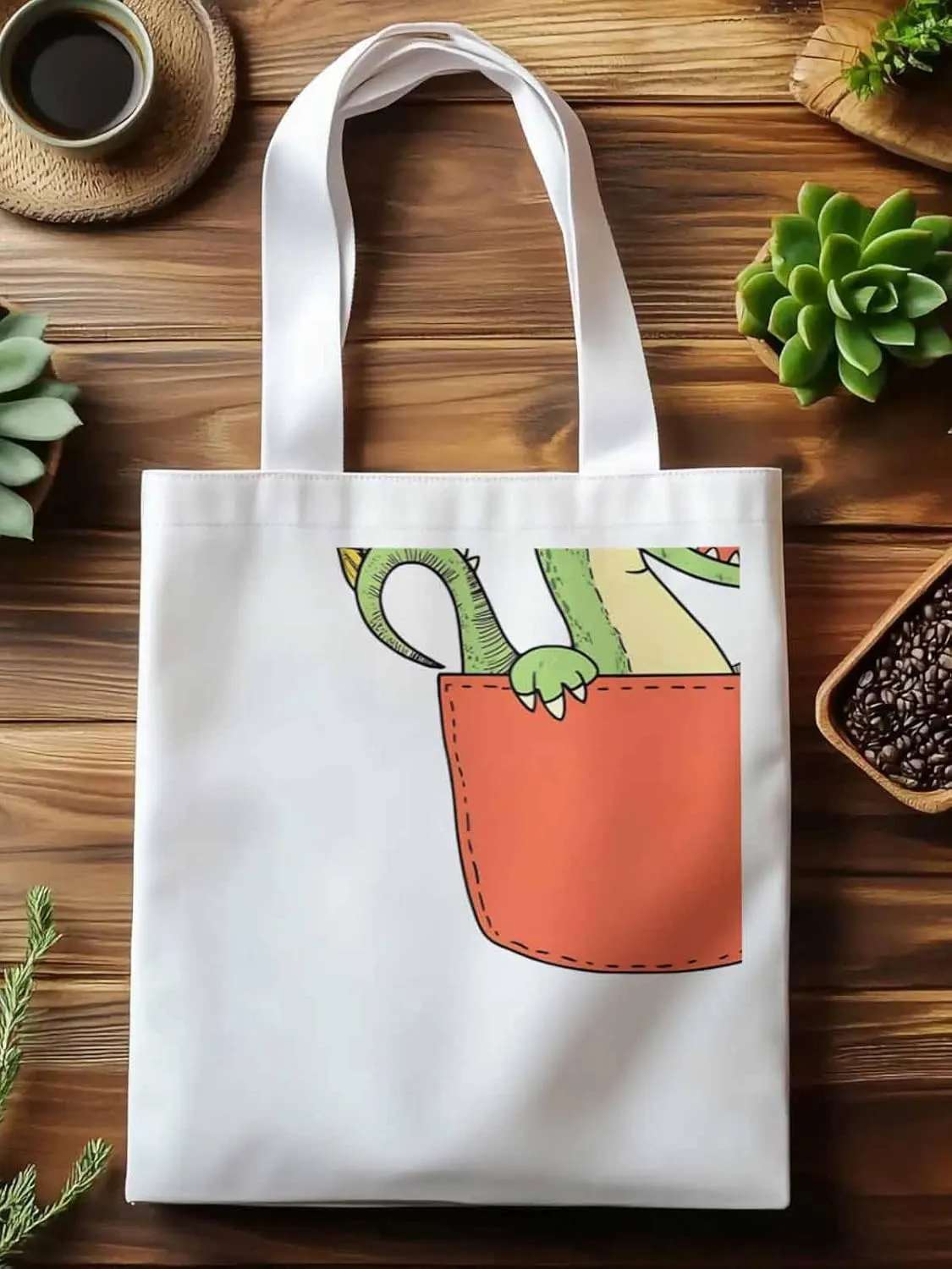 Canvas Tote Bag, Watercolor Dinosaur Pocket Aesthetic Canvas Tote Handbags for Women Shoulder Bag,