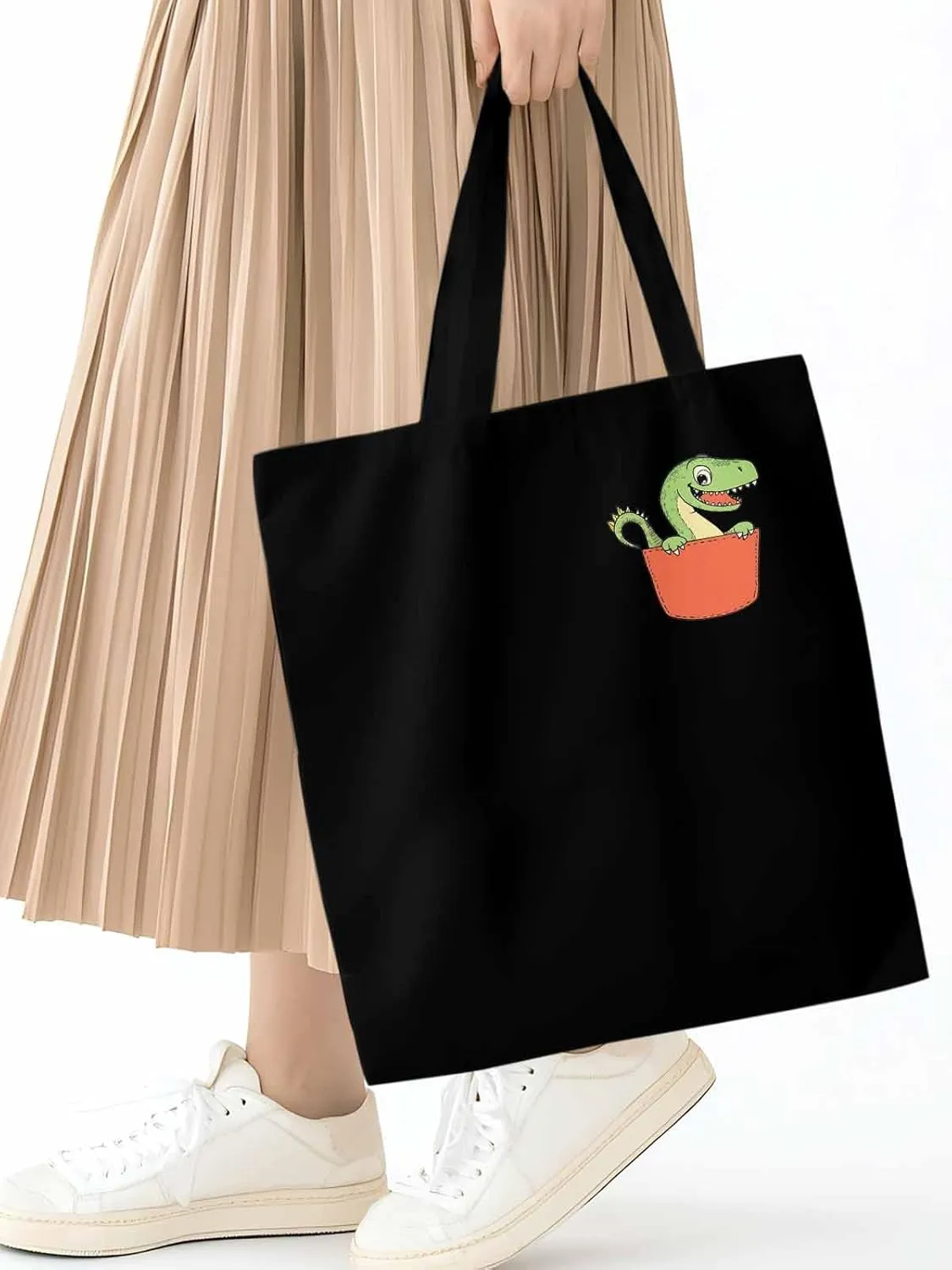 Canvas Tote Bag, Watercolor Dinosaur Pocket Aesthetic Canvas Tote Handbags for Women Shoulder Bag,