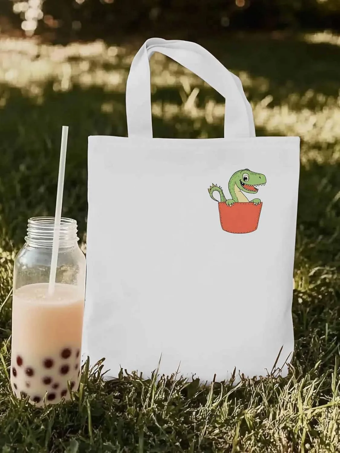 Canvas Tote Bag, Watercolor Dinosaur Pocket Aesthetic Canvas Tote Handbags for Women Shoulder Bag,