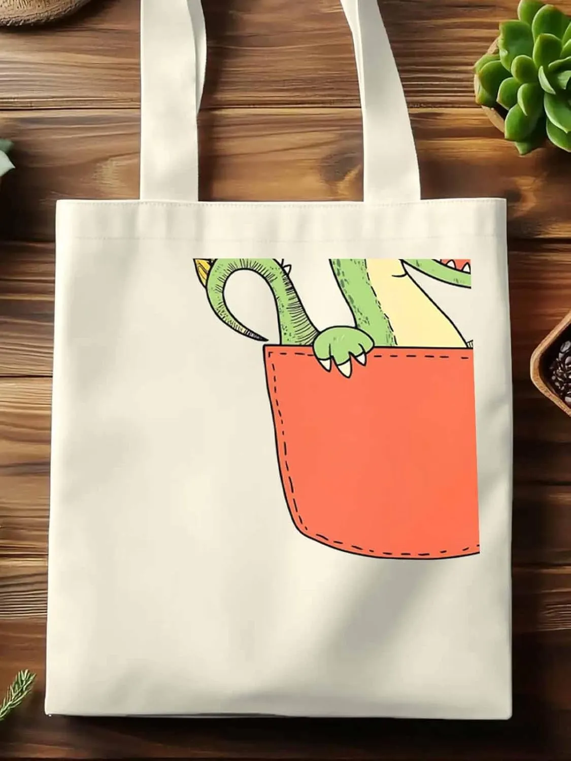 Canvas Tote Bag, Watercolor Dinosaur Pocket Aesthetic Canvas Tote Handbags for Women Shoulder Bag,