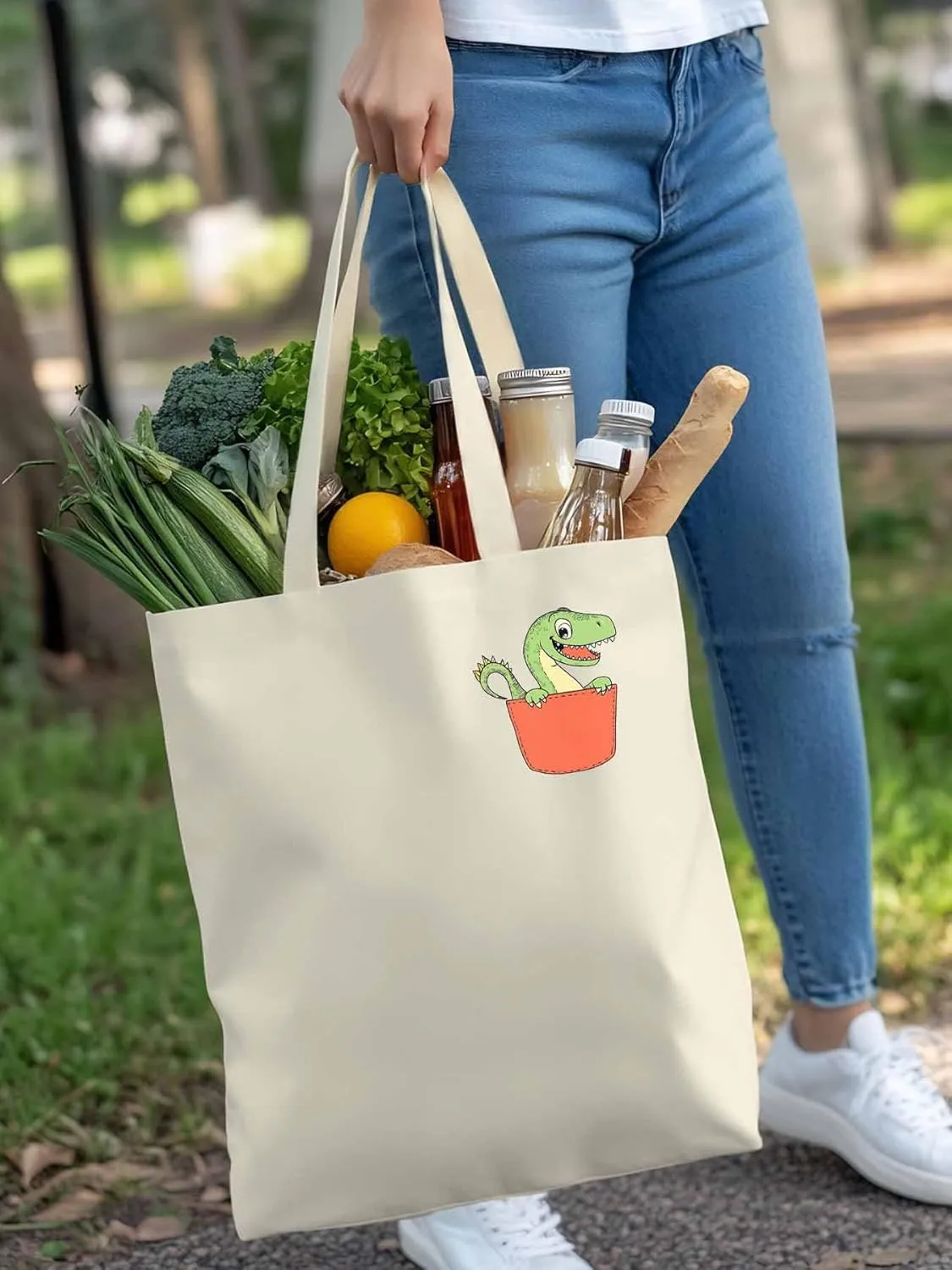Canvas Tote Bag, Watercolor Dinosaur Pocket Aesthetic Canvas Tote Handbags for Women Shoulder Bag,