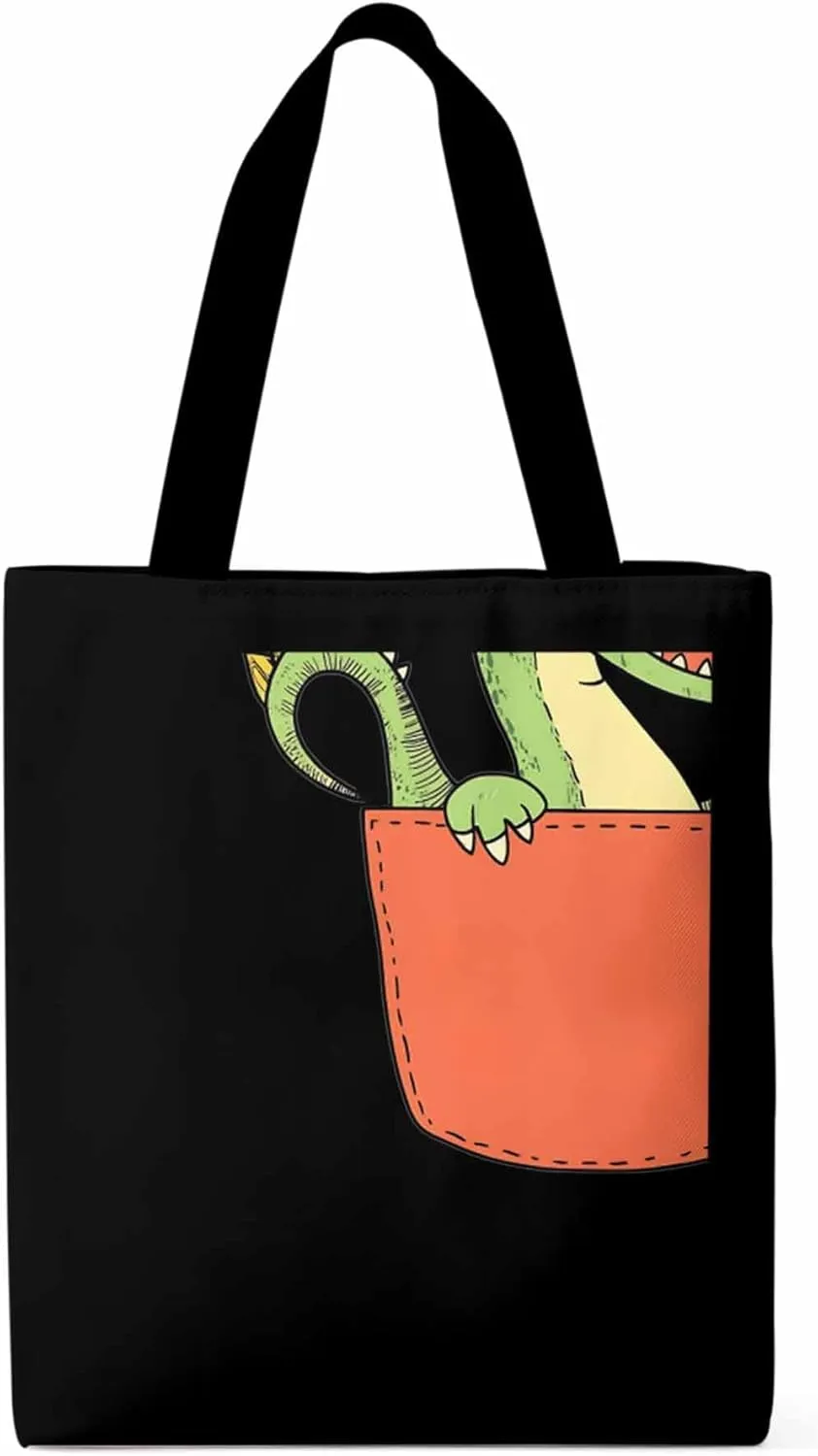 Canvas Tote Bag, Watercolor Dinosaur Pocket Aesthetic Canvas Tote Handbags for Women Shoulder Bag,