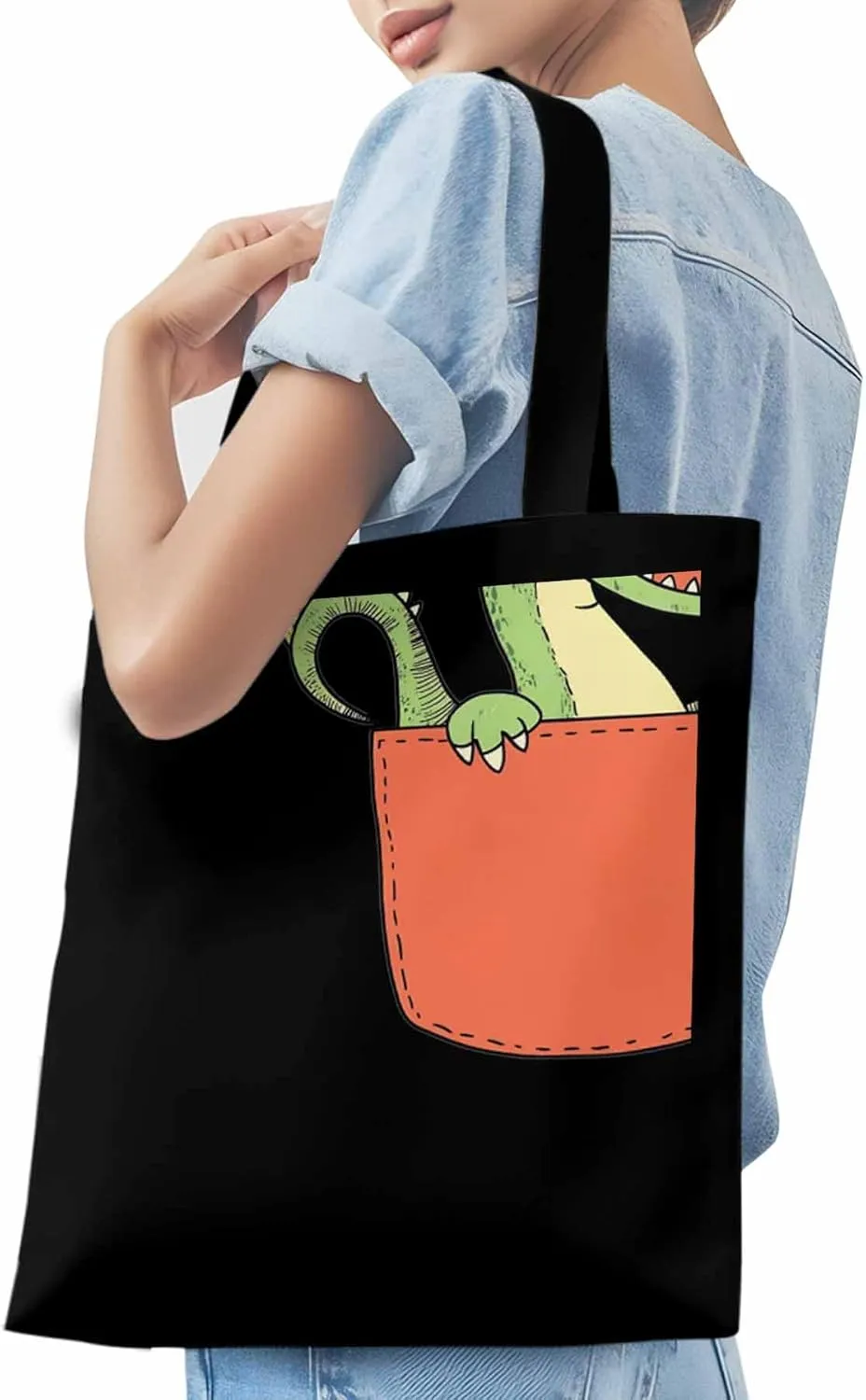 Canvas Tote Bag, Watercolor Dinosaur Pocket Aesthetic Canvas Tote Handbags for Women Shoulder Bag,