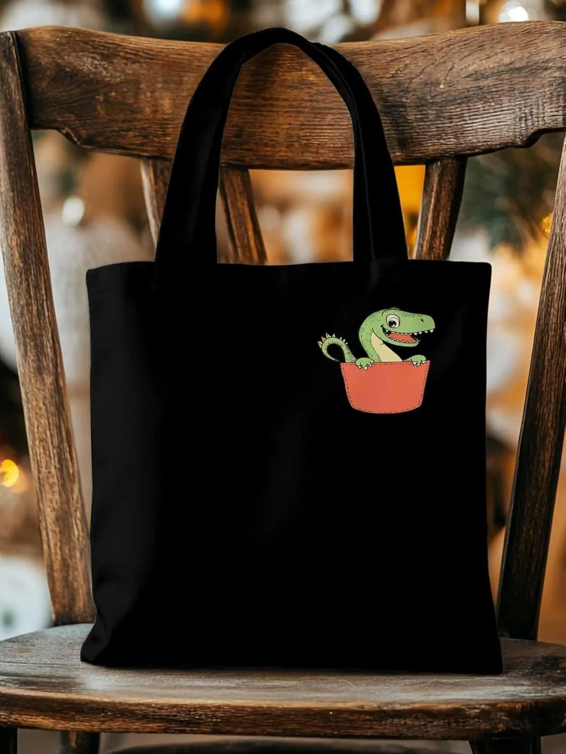 Canvas Tote Bag, Watercolor Dinosaur Pocket Aesthetic Canvas Tote Handbags for Women Shoulder Bag,