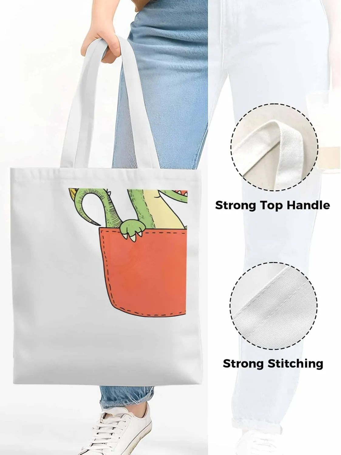 Canvas Tote Bag, Watercolor Dinosaur Pocket Aesthetic Canvas Tote Handbags for Women Shoulder Bag,
