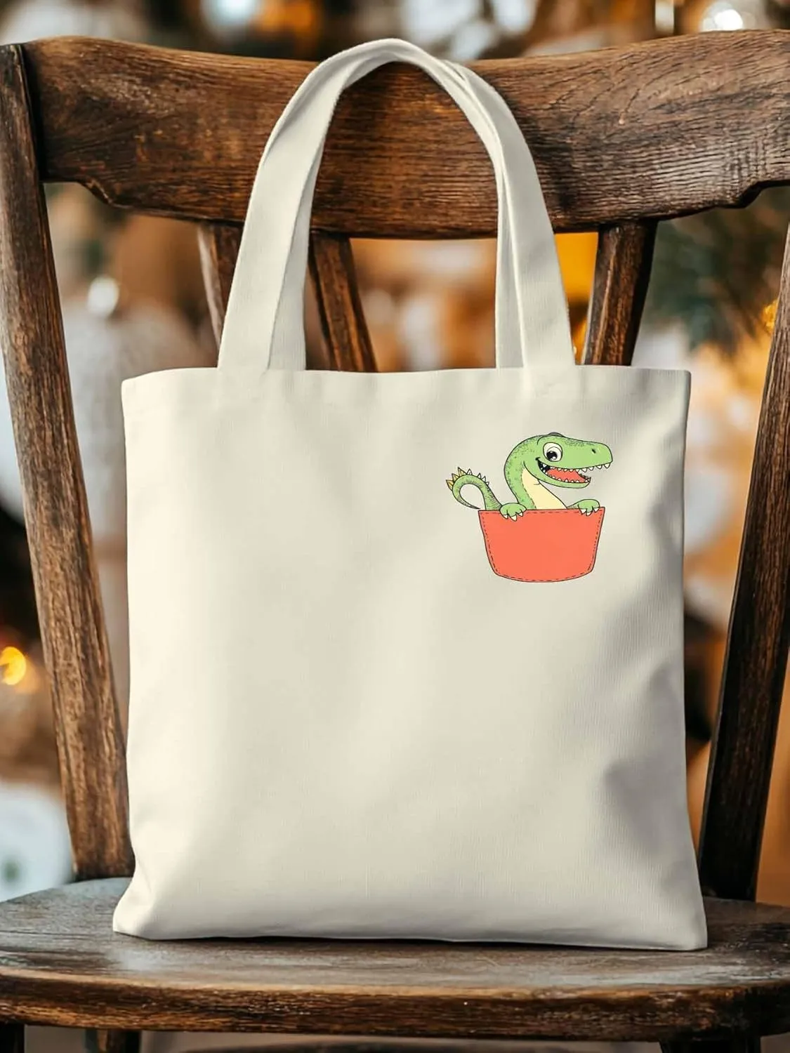 Canvas Tote Bag, Watercolor Dinosaur Pocket Aesthetic Canvas Tote Handbags for Women Shoulder Bag,