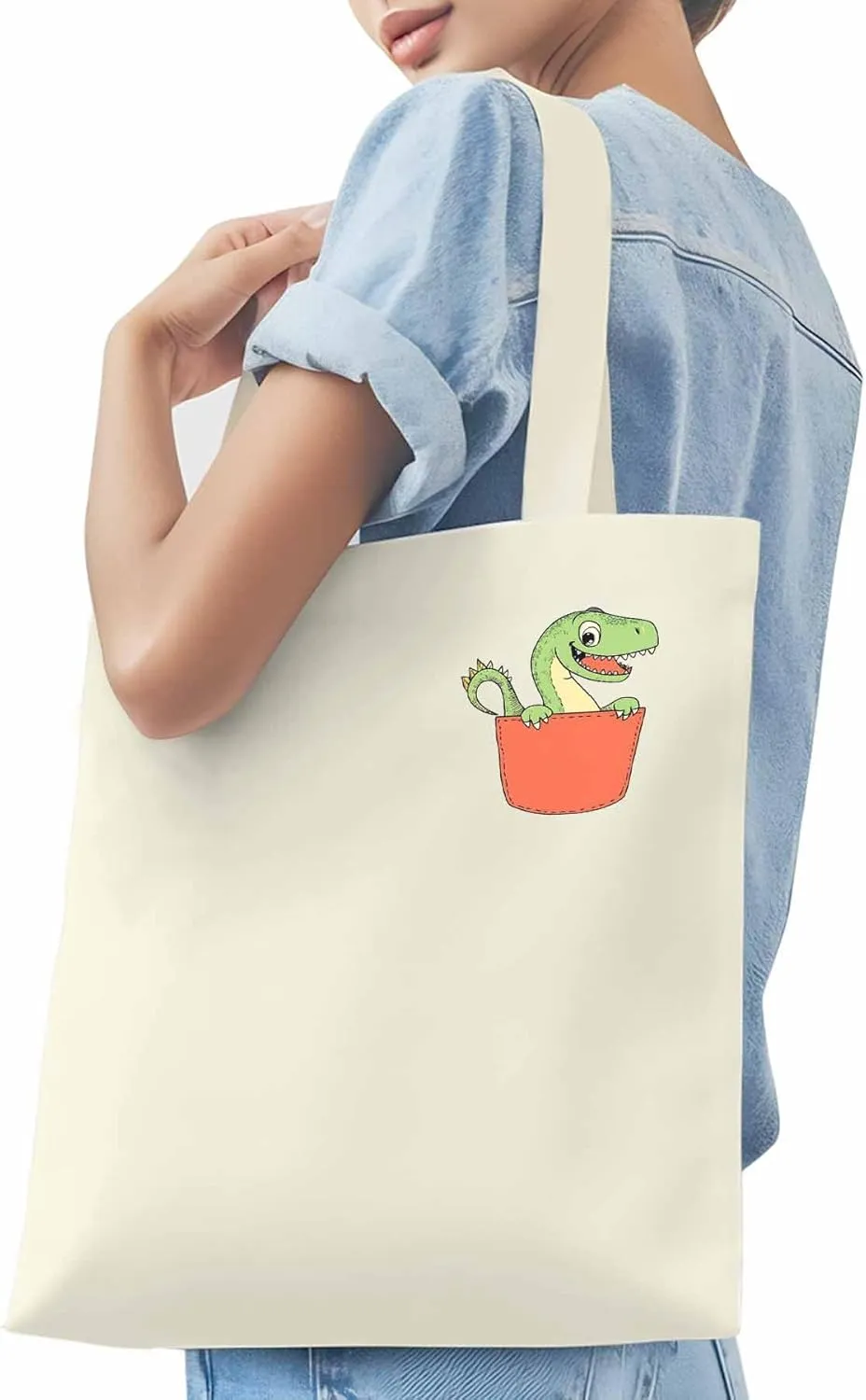 Canvas Tote Bag, Watercolor Dinosaur Pocket Aesthetic Canvas Tote Handbags for Women Shoulder Bag,
