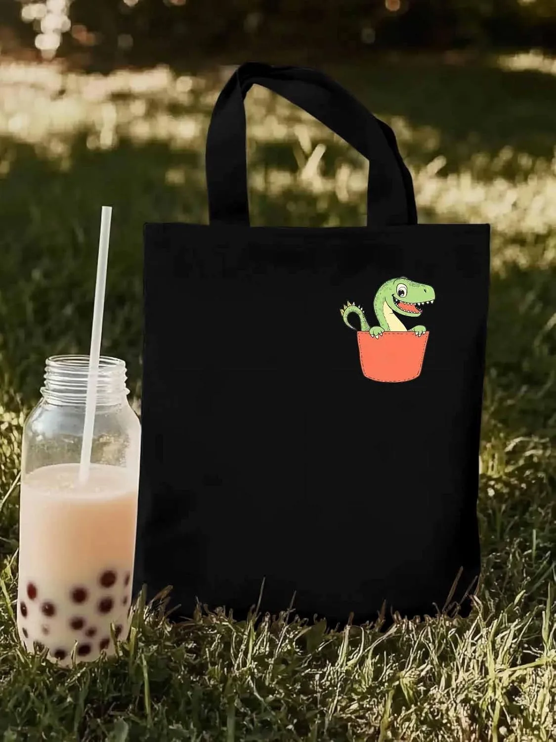 Canvas Tote Bag, Watercolor Dinosaur Pocket Aesthetic Canvas Tote Handbags for Women Shoulder Bag,