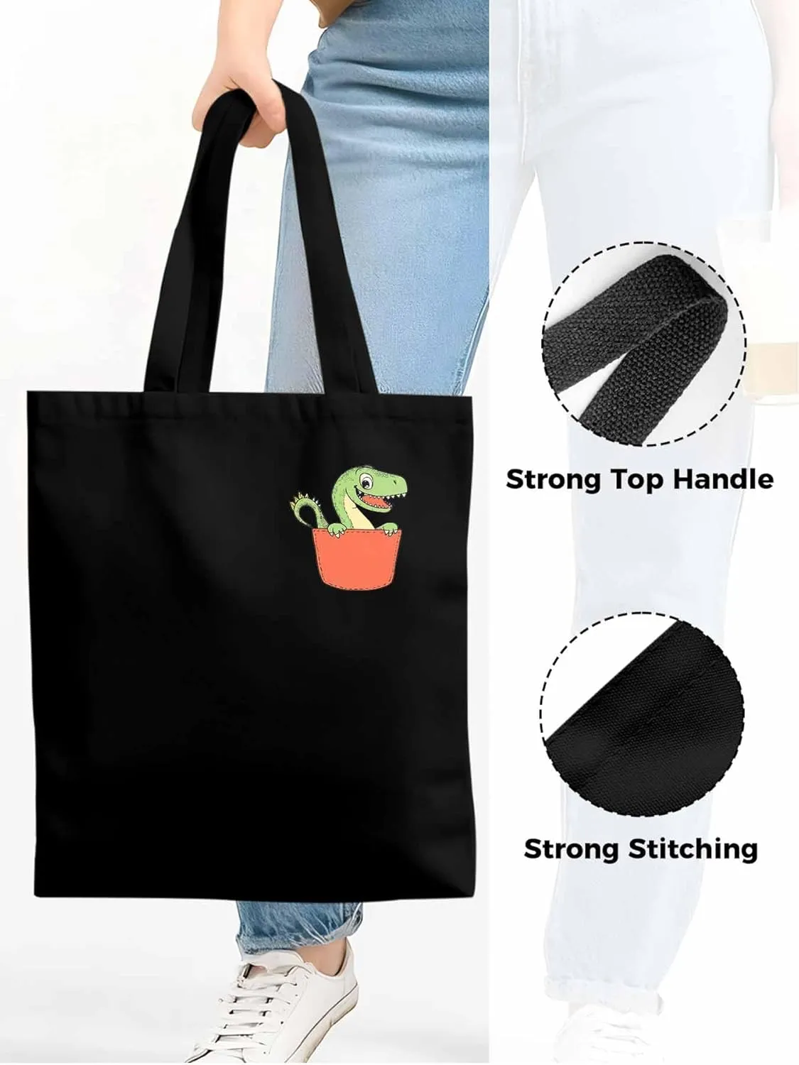 Canvas Tote Bag, Watercolor Dinosaur Pocket Aesthetic Canvas Tote Handbags for Women Shoulder Bag,
