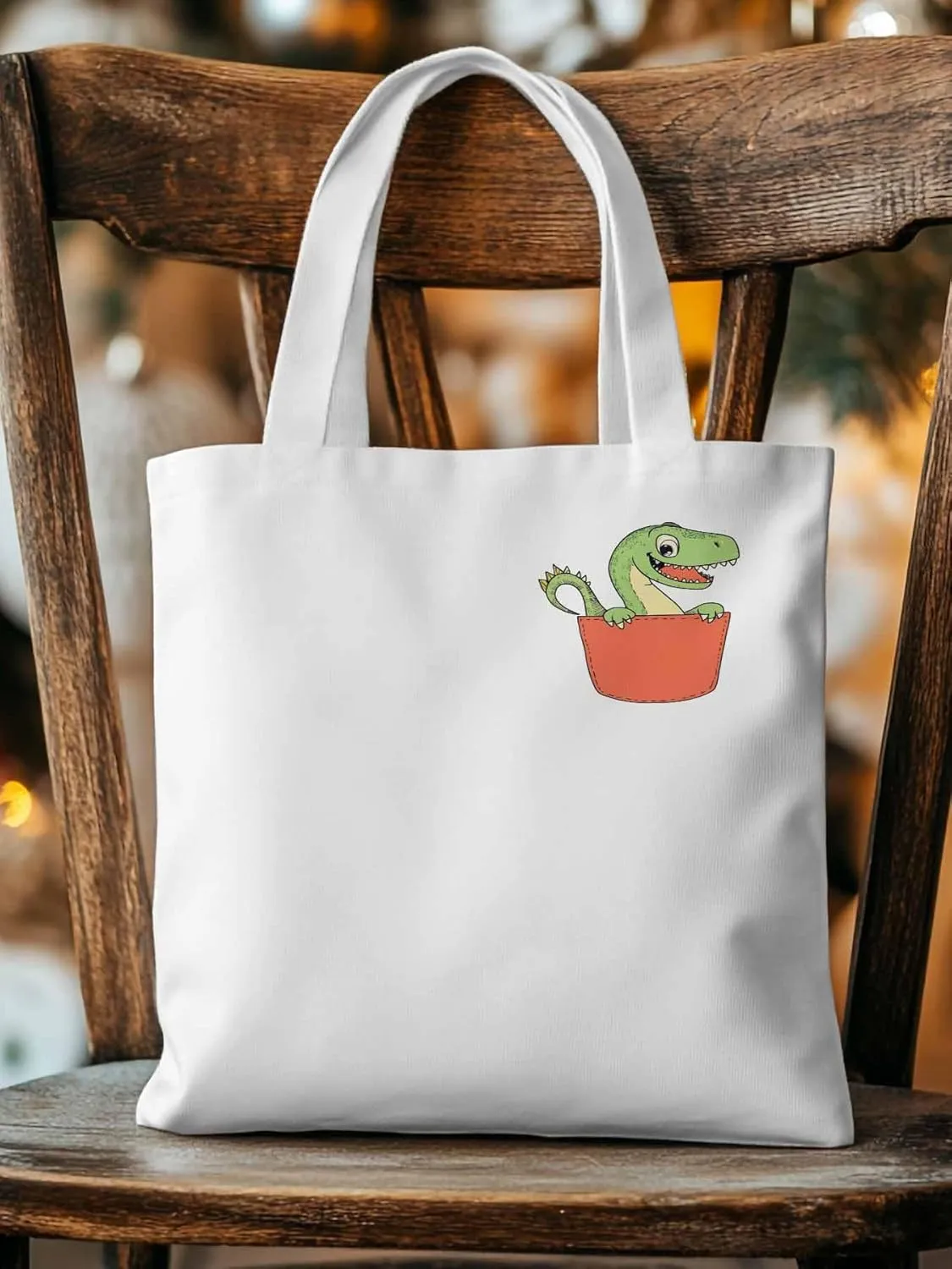Canvas Tote Bag, Watercolor Dinosaur Pocket Aesthetic Canvas Tote Handbags for Women Shoulder Bag,