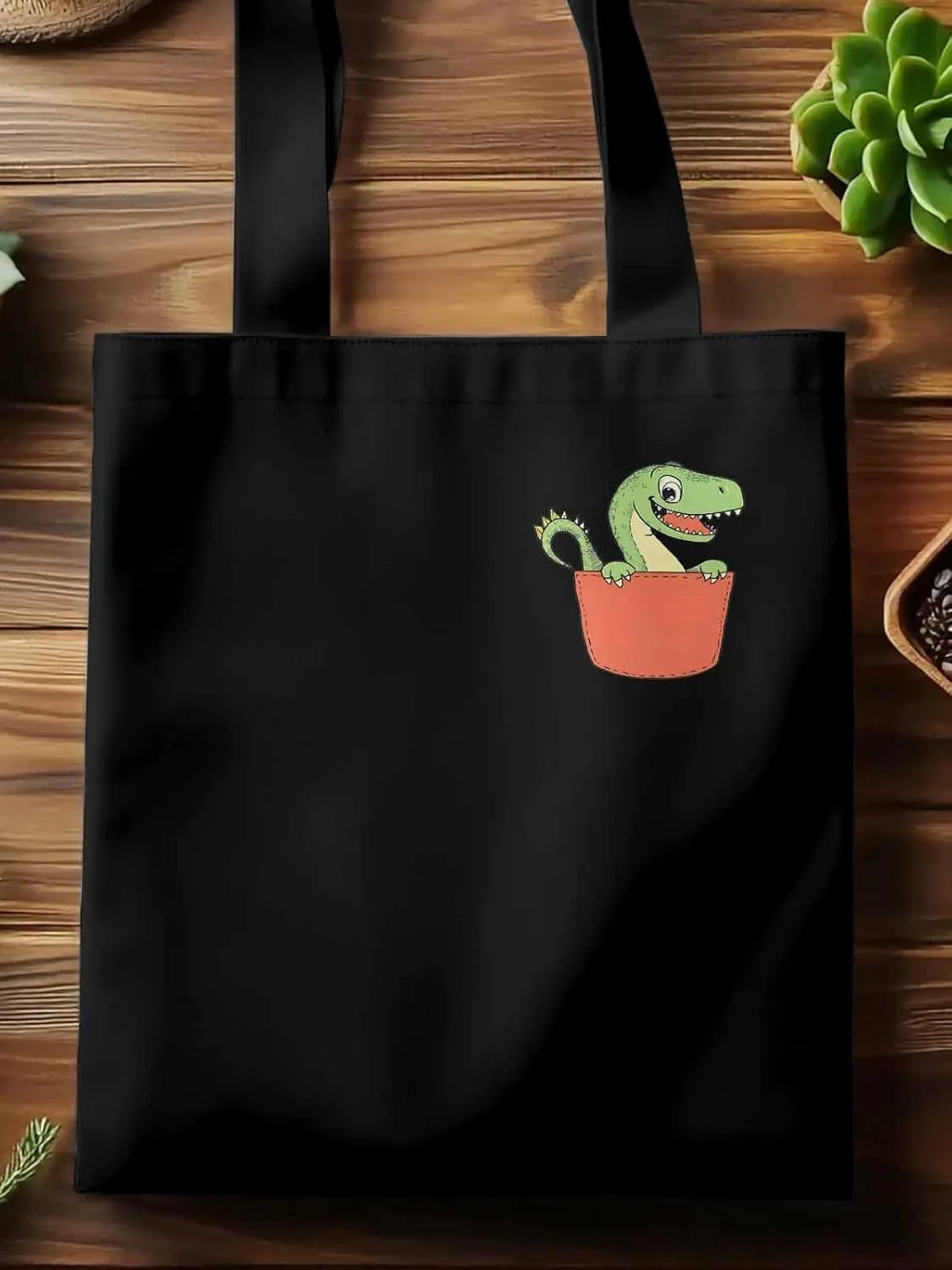 Canvas Tote Bag, Watercolor Dinosaur Pocket Aesthetic Canvas Tote Handbags for Women Shoulder Bag,