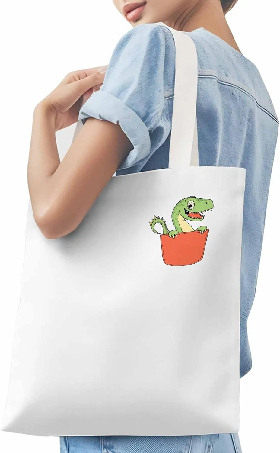 Canvas Tote Bag, Watercolor Dinosaur Pocket Aesthetic Canvas Tote Handbags for Women Shoulder Bag,