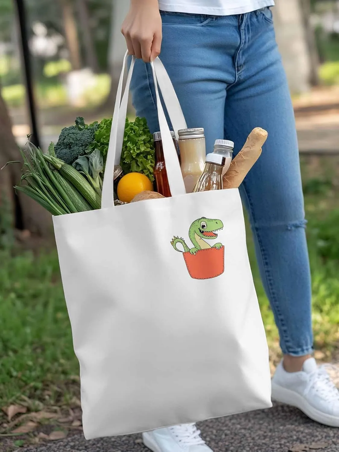 Canvas Tote Bag, Watercolor Dinosaur Pocket Aesthetic Canvas Tote Handbags for Women Shoulder Bag,