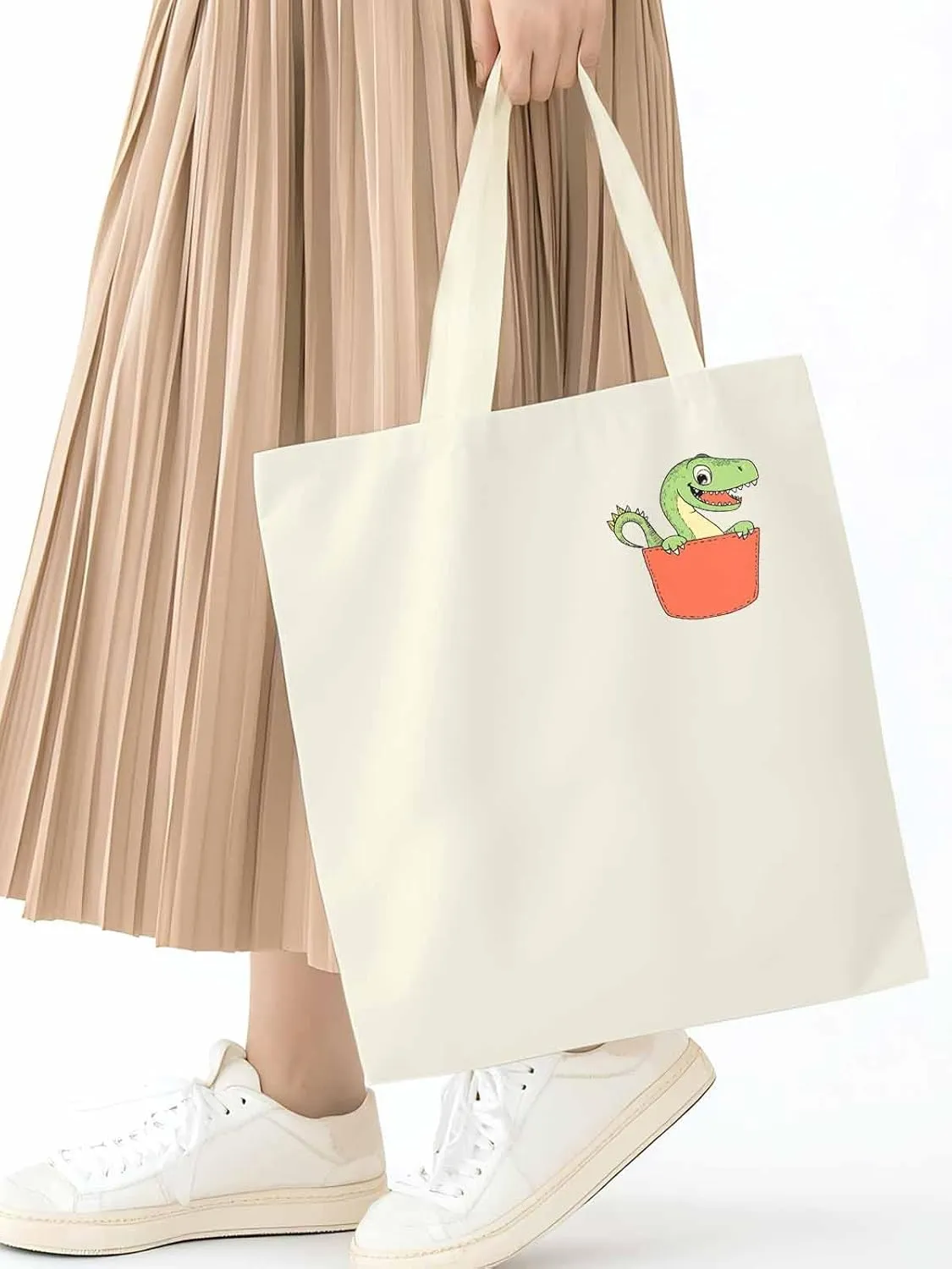 Canvas Tote Bag, Watercolor Dinosaur Pocket Aesthetic Canvas Tote Handbags for Women Shoulder Bag,