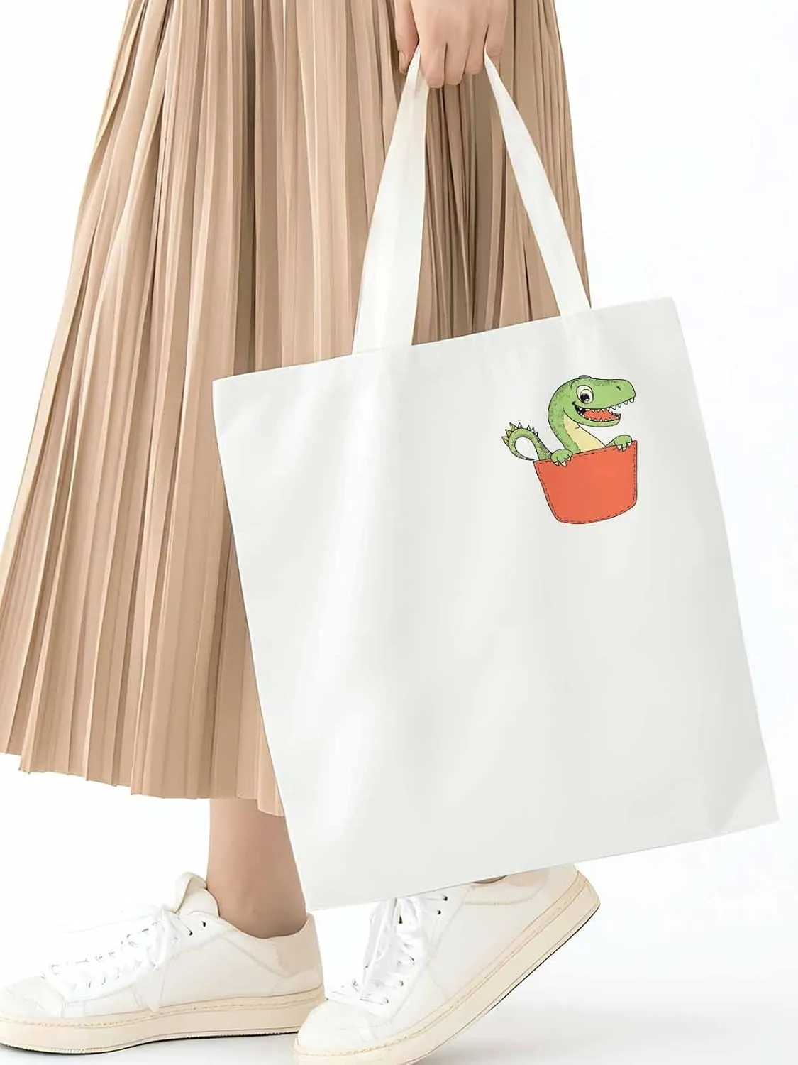 Canvas Tote Bag, Watercolor Dinosaur Pocket Aesthetic Canvas Tote Handbags for Women Shoulder Bag,