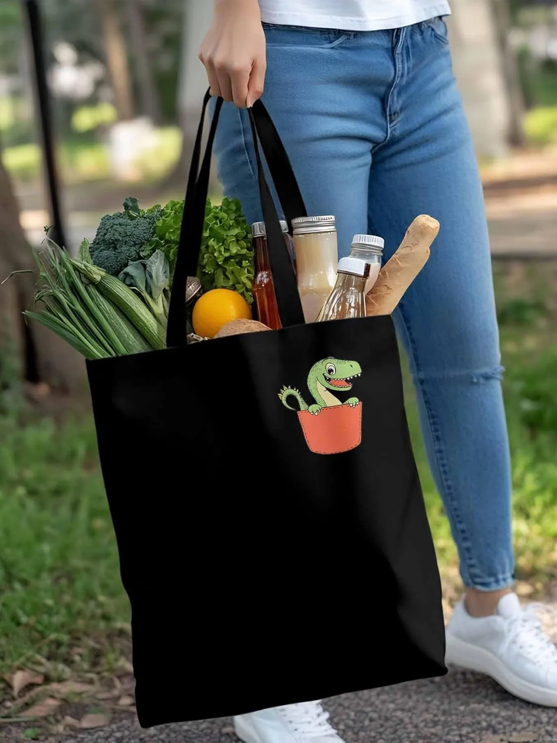 Canvas Tote Bag, Watercolor Dinosaur Pocket Aesthetic Canvas Tote Handbags for Women Shoulder Bag,