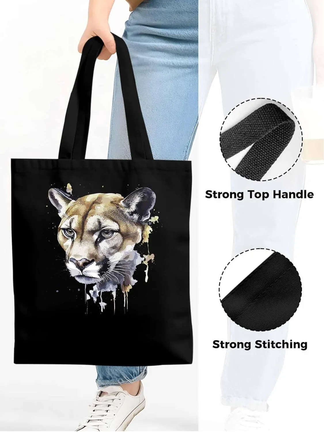 Canvas Tote Bag, Watercolor Ink Lions Aesthetic Canvas Tote Handbags for Women Shoulder Bag,