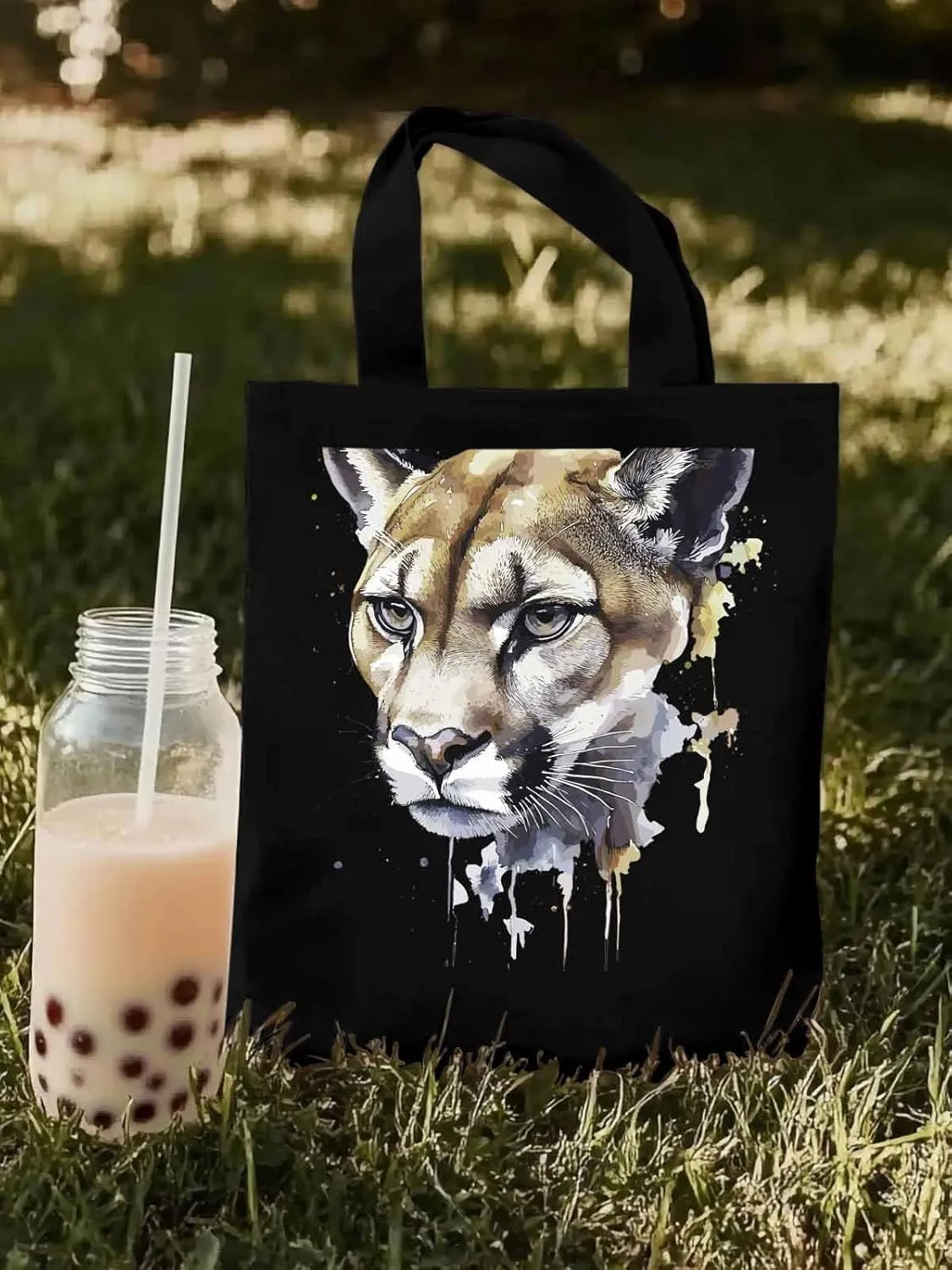 Canvas Tote Bag, Watercolor Ink Lions Aesthetic Canvas Tote Handbags for Women Shoulder Bag,