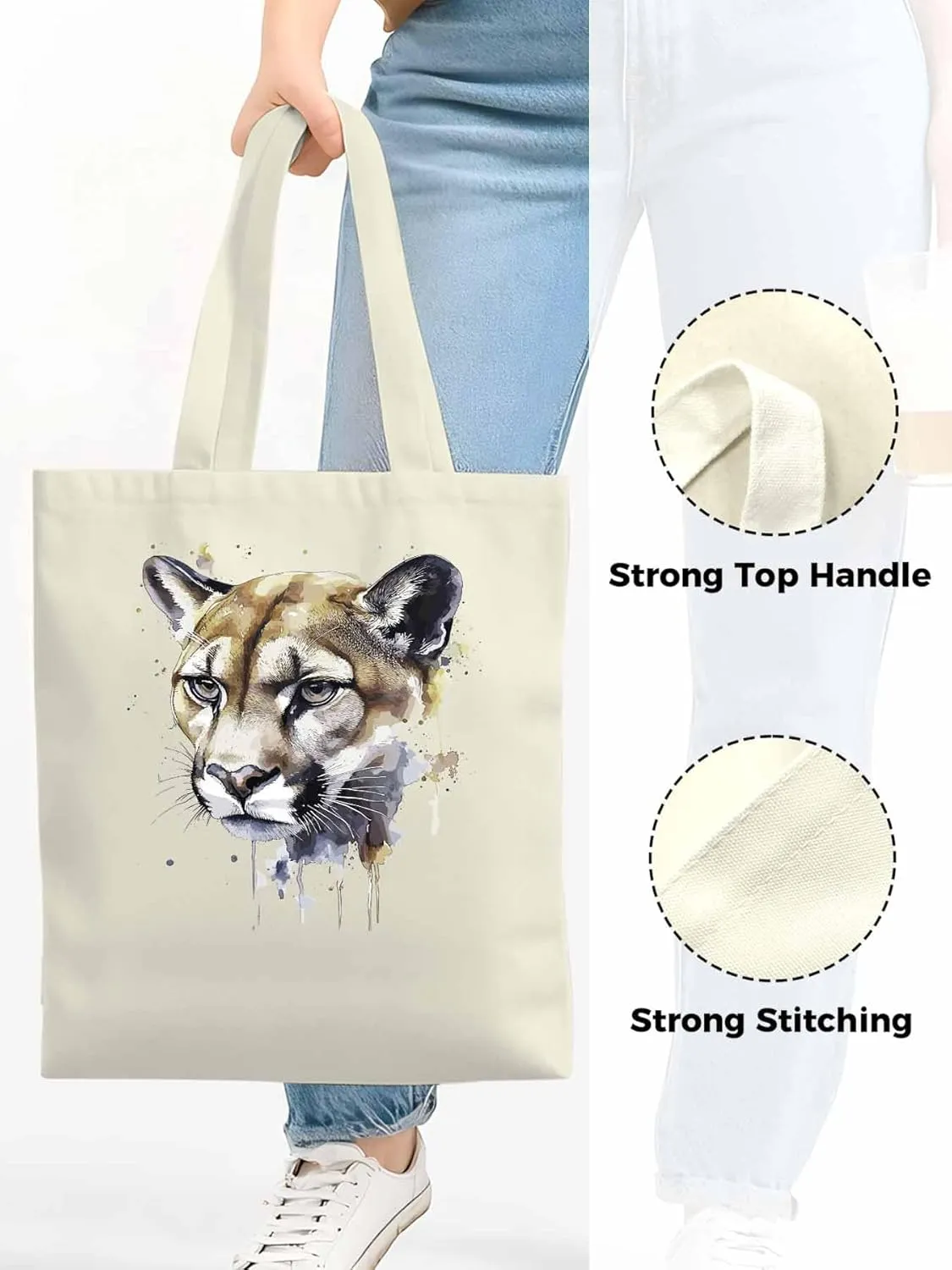 Canvas Tote Bag, Watercolor Ink Lions Aesthetic Canvas Tote Handbags for Women Shoulder Bag,