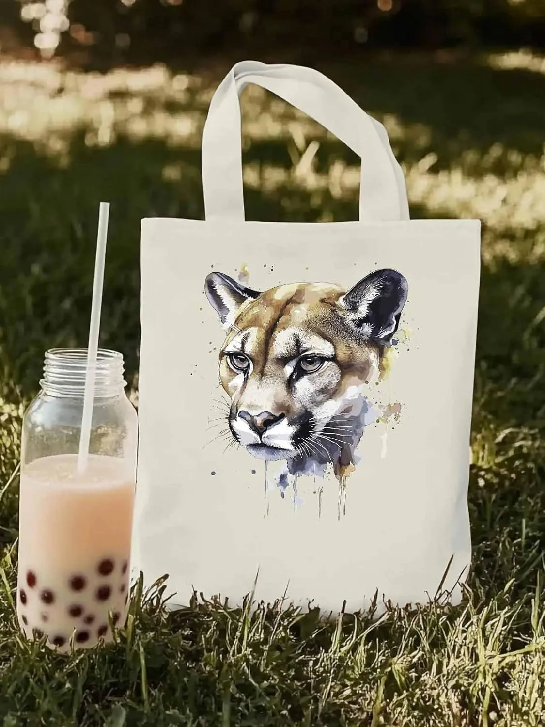 Canvas Tote Bag, Watercolor Ink Lions Aesthetic Canvas Tote Handbags for Women Shoulder Bag,