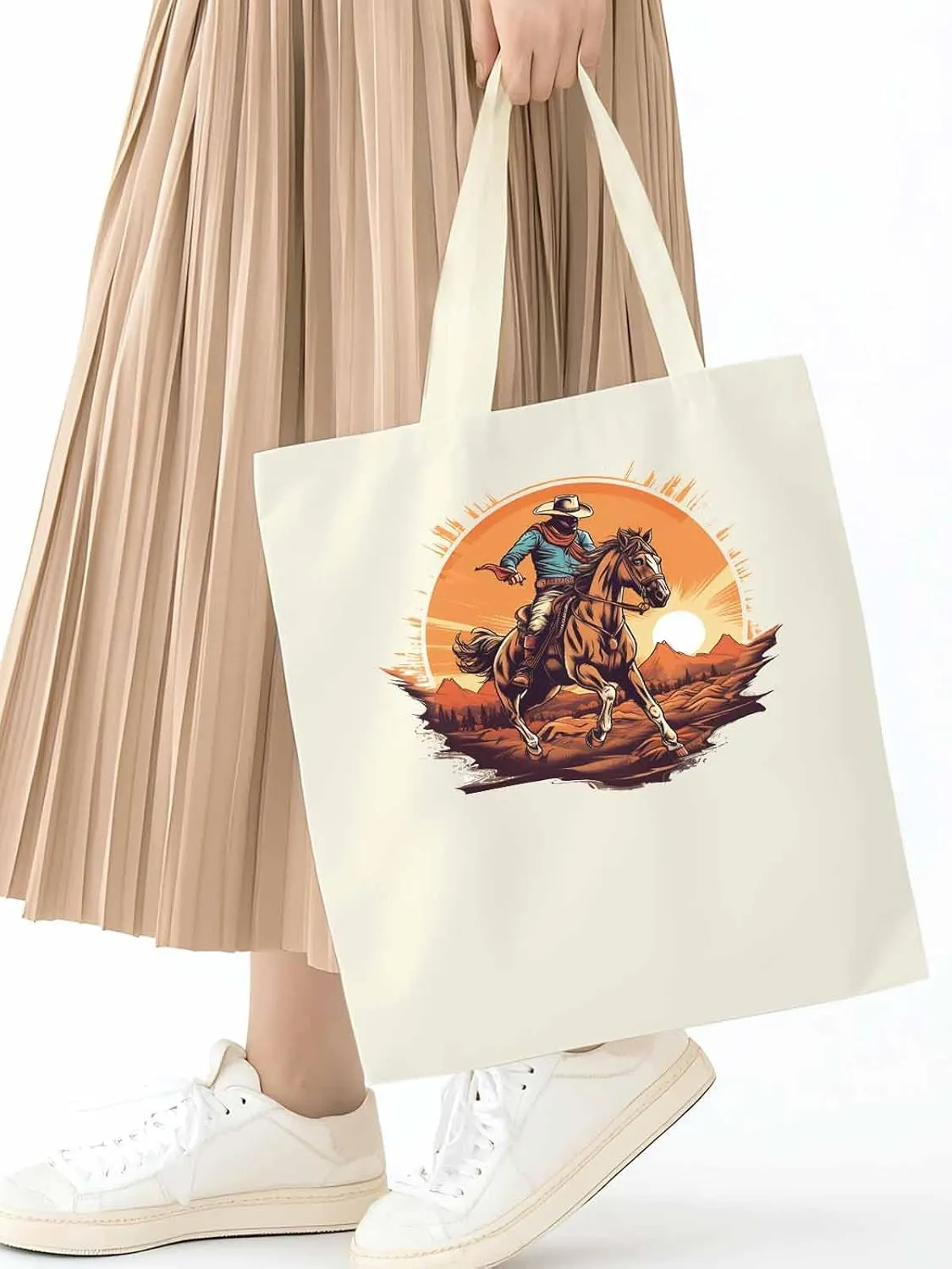Canvas Tote Bag, Western Aesthetic Canvas Tote Handbags for Women Shoulder Bag Vintage Cowboy Print