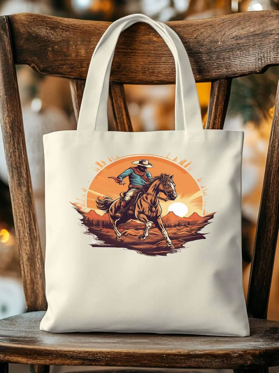 Canvas Tote Bag, Western Aesthetic Canvas Tote Handbags for Women Shoulder Bag Vintage Cowboy Print