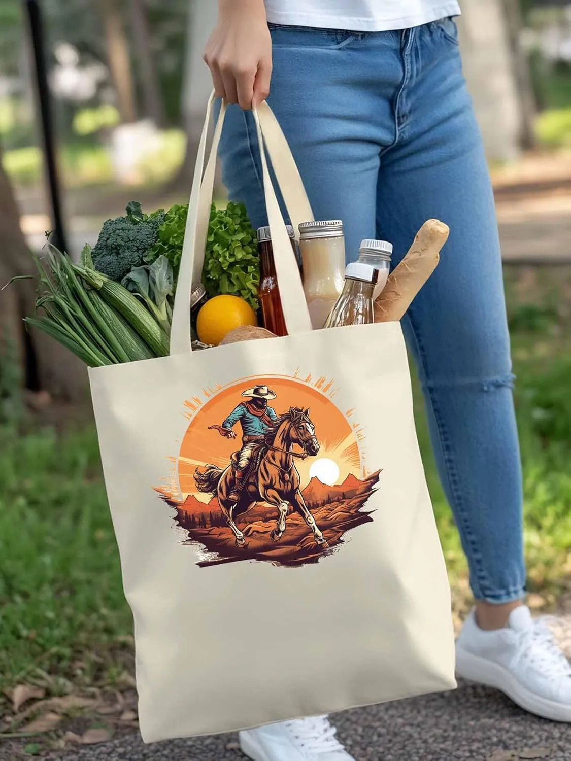 Canvas Tote Bag, Western Aesthetic Canvas Tote Handbags for Women Shoulder Bag Vintage Cowboy Print
