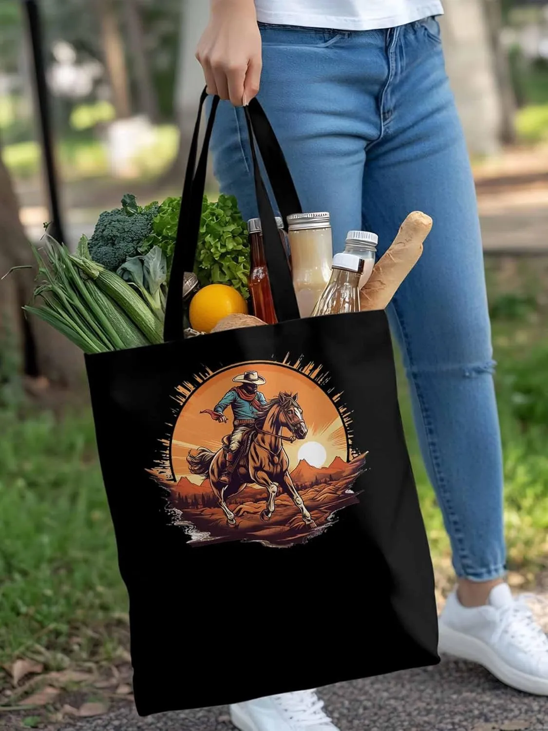 Canvas Tote Bag, Western Aesthetic Canvas Tote Handbags for Women Shoulder Bag Vintage Cowboy Print