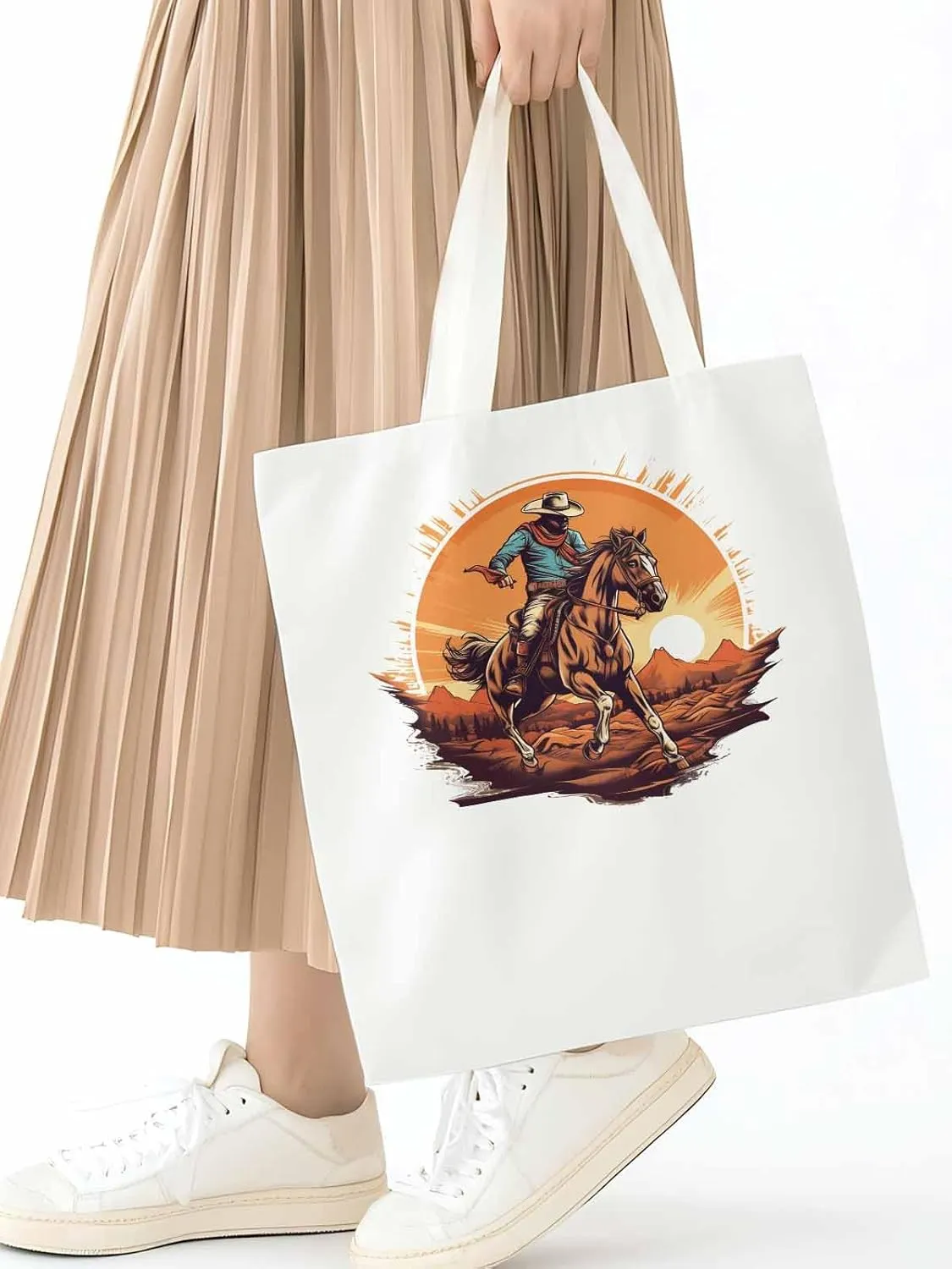 Canvas Tote Bag, Western Aesthetic Canvas Tote Handbags for Women Shoulder Bag Vintage Cowboy Print