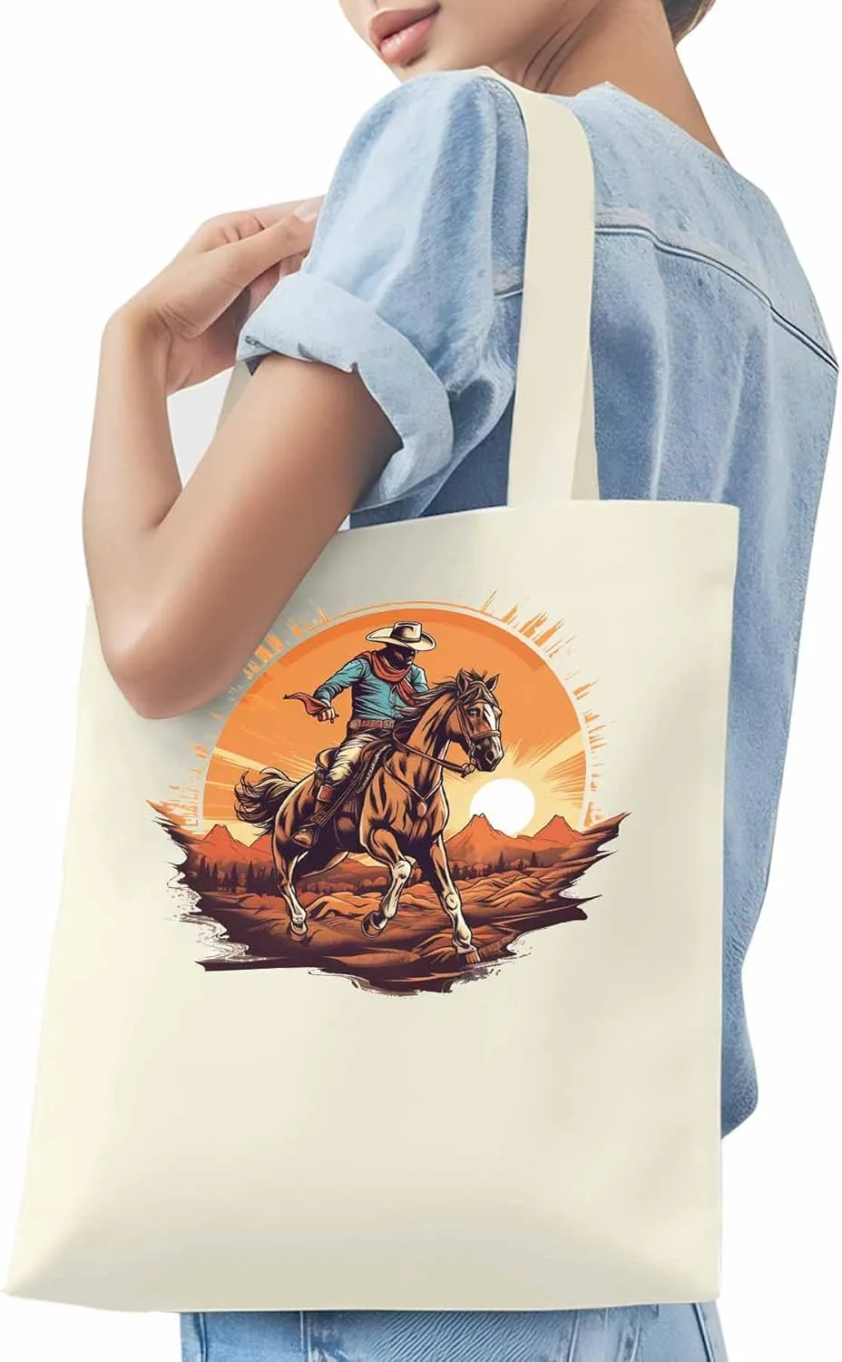 Canvas Tote Bag, Western Aesthetic Canvas Tote Handbags for Women Shoulder Bag Vintage Cowboy Print
