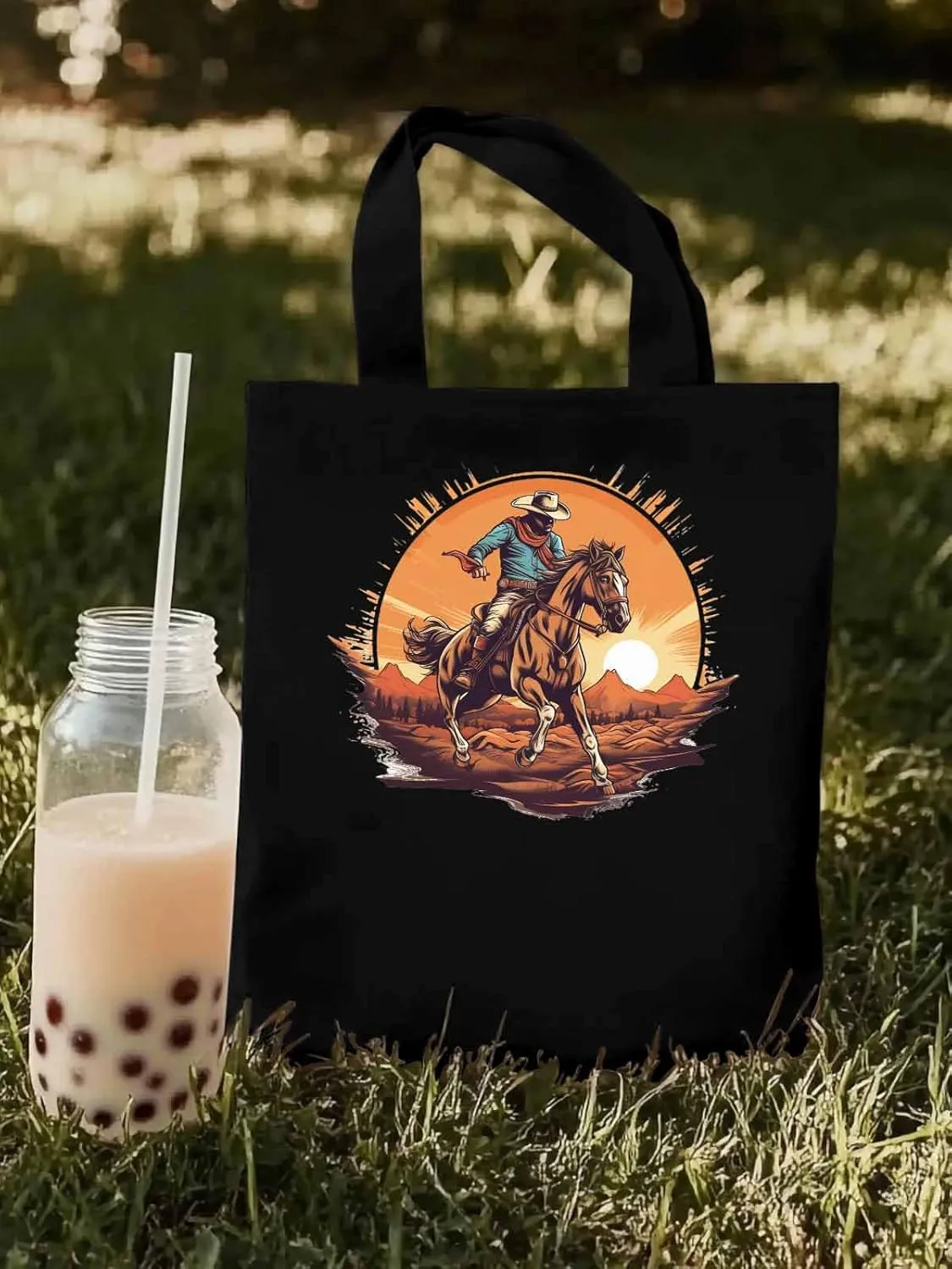 Canvas Tote Bag, Western Aesthetic Canvas Tote Handbags for Women Shoulder Bag Vintage Cowboy Print