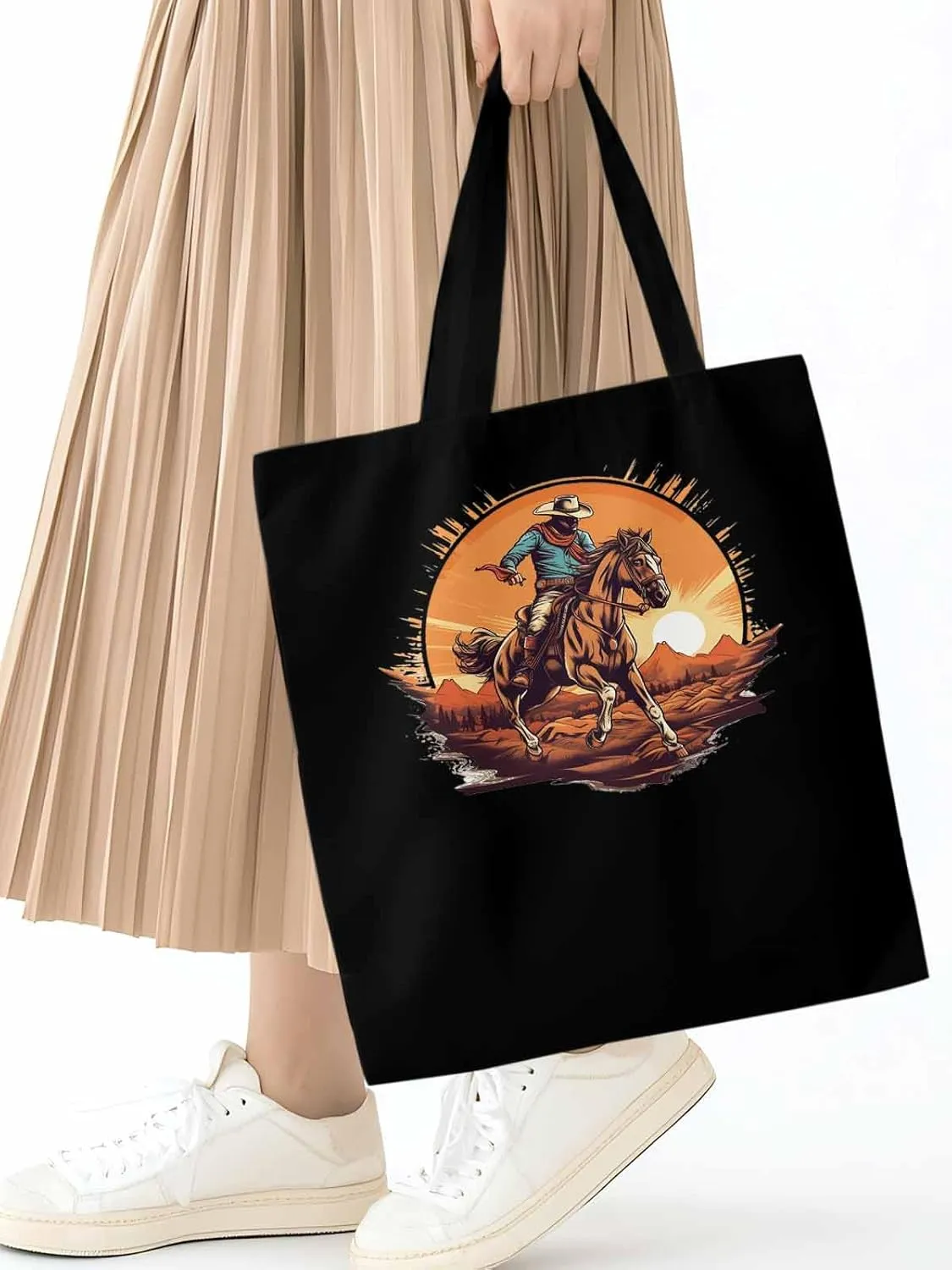 Canvas Tote Bag, Western Aesthetic Canvas Tote Handbags for Women Shoulder Bag Vintage Cowboy Print